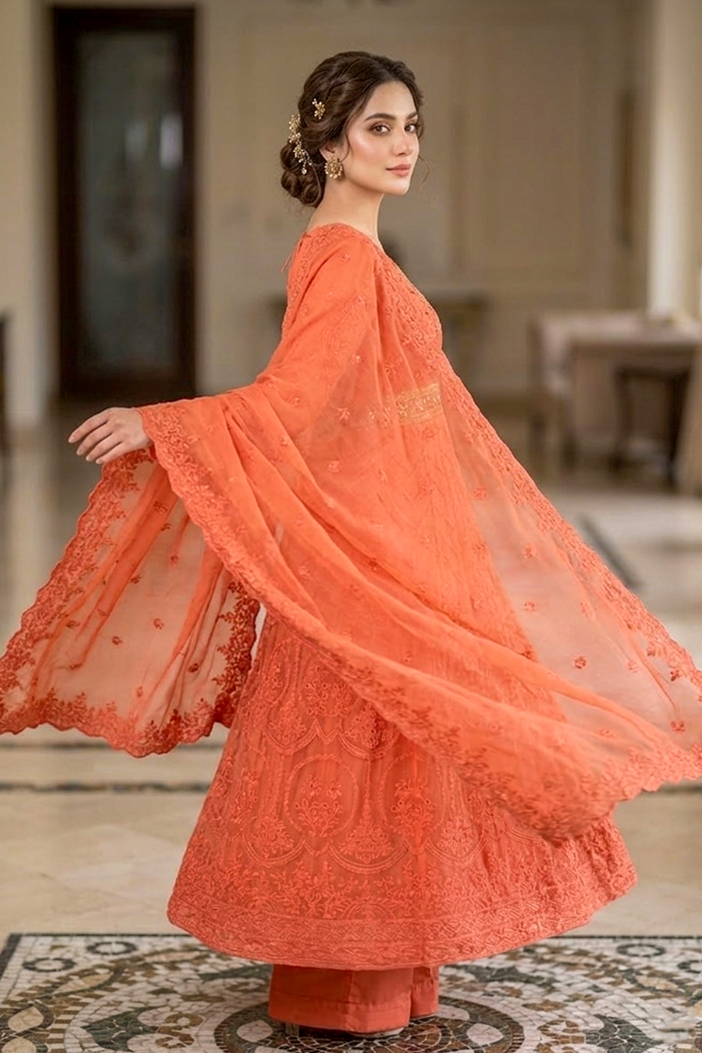 Burnt Orange Luxury Embroidered Formal Maxi Dress with Embroidered Dupatta & Trouser