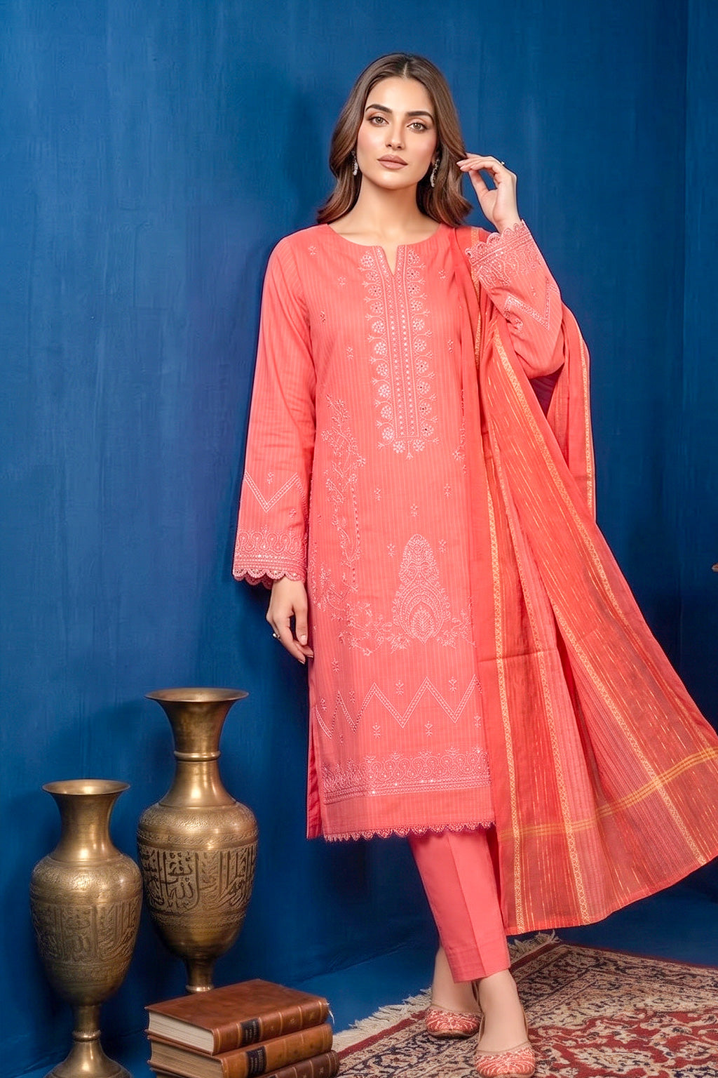 Coral Pink – Premium Unstitched Embroidered Lawn 3PC Dress with Lawn Dupatta
