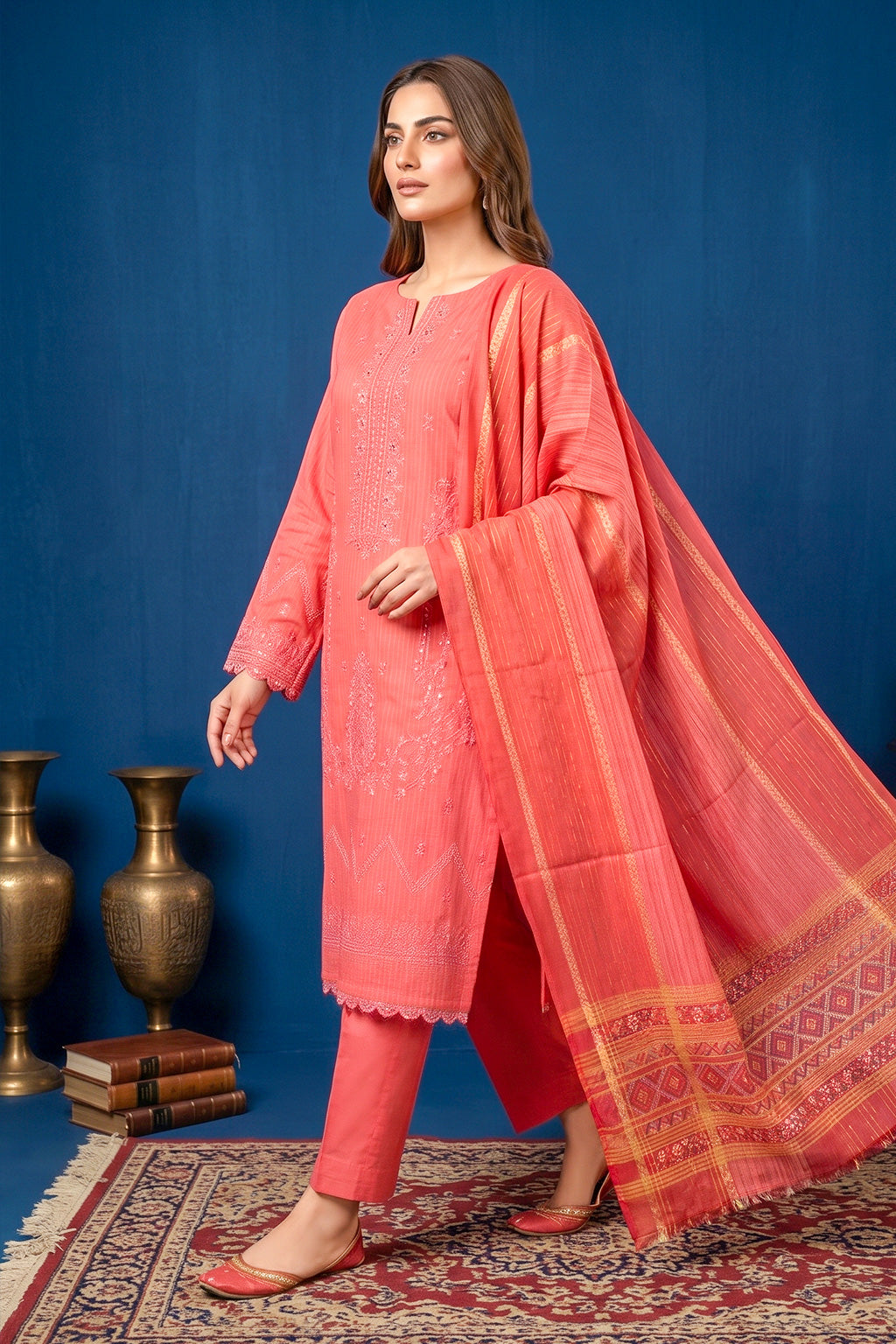 Coral Pink – Premium Unstitched Embroidered Lawn 3PC Dress with Lawn Dupatta