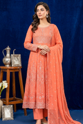 Peach Coral Embroidered Formal Maxi Dress with Embroidered Dupatta & Trouser