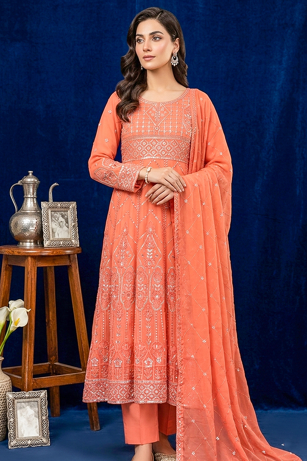 Peach Coral Embroidered Formal Maxi Dress with Embroidered Dupatta & Trouser