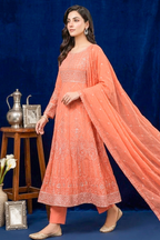 Peach Coral Embroidered Formal Maxi Dress with Embroidered Dupatta & Trouser