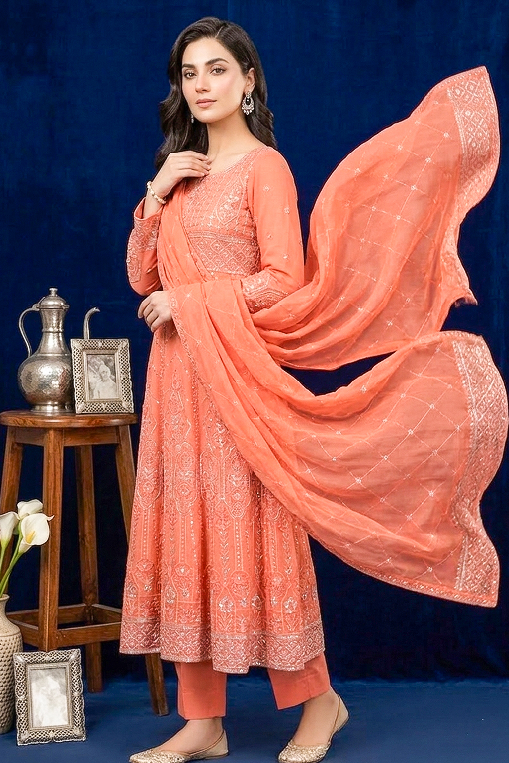 Peach Coral Embroidered Formal Maxi Dress with Embroidered Dupatta & Trouser