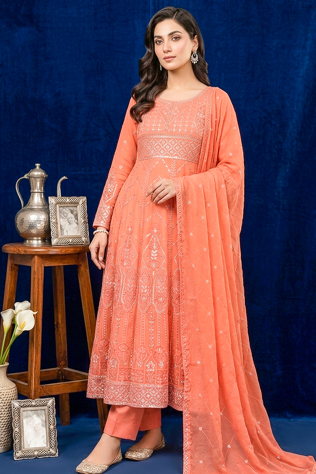 Peach Coral Embroidered Formal Maxi Dress with Embroidered Dupatta & Trouser