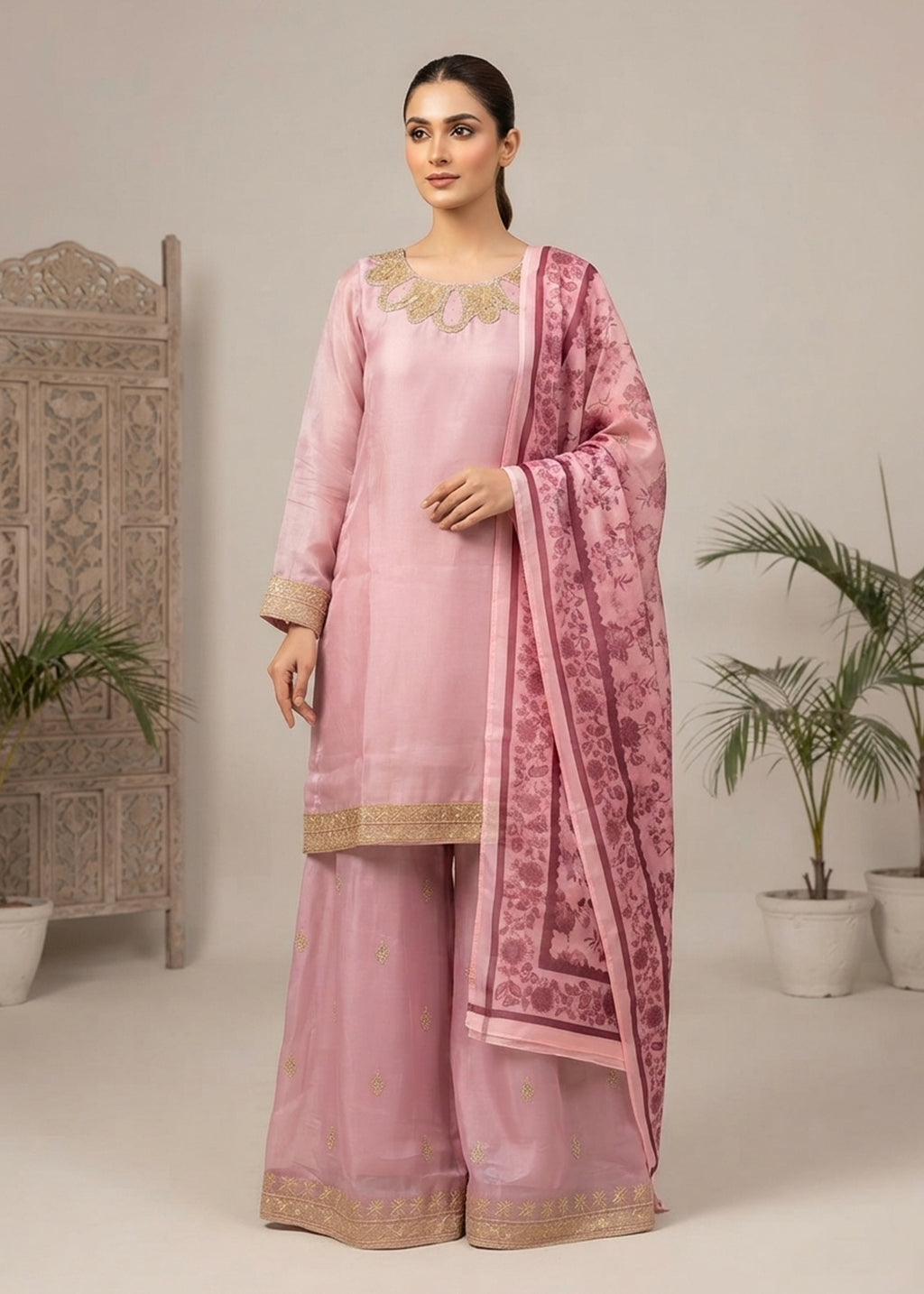 Blush Royale – Pastel Pink Luxury Embroidered Silk 3PC Dress with Net Printed Dupatta