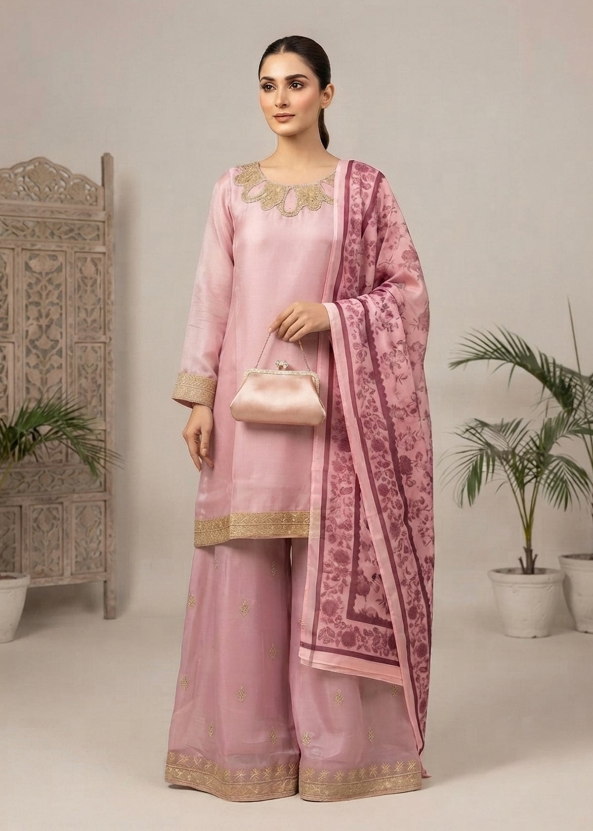 Blush Royale – Pastel Pink Luxury Embroidered Silk 3PC Dress with Net Printed Dupatta