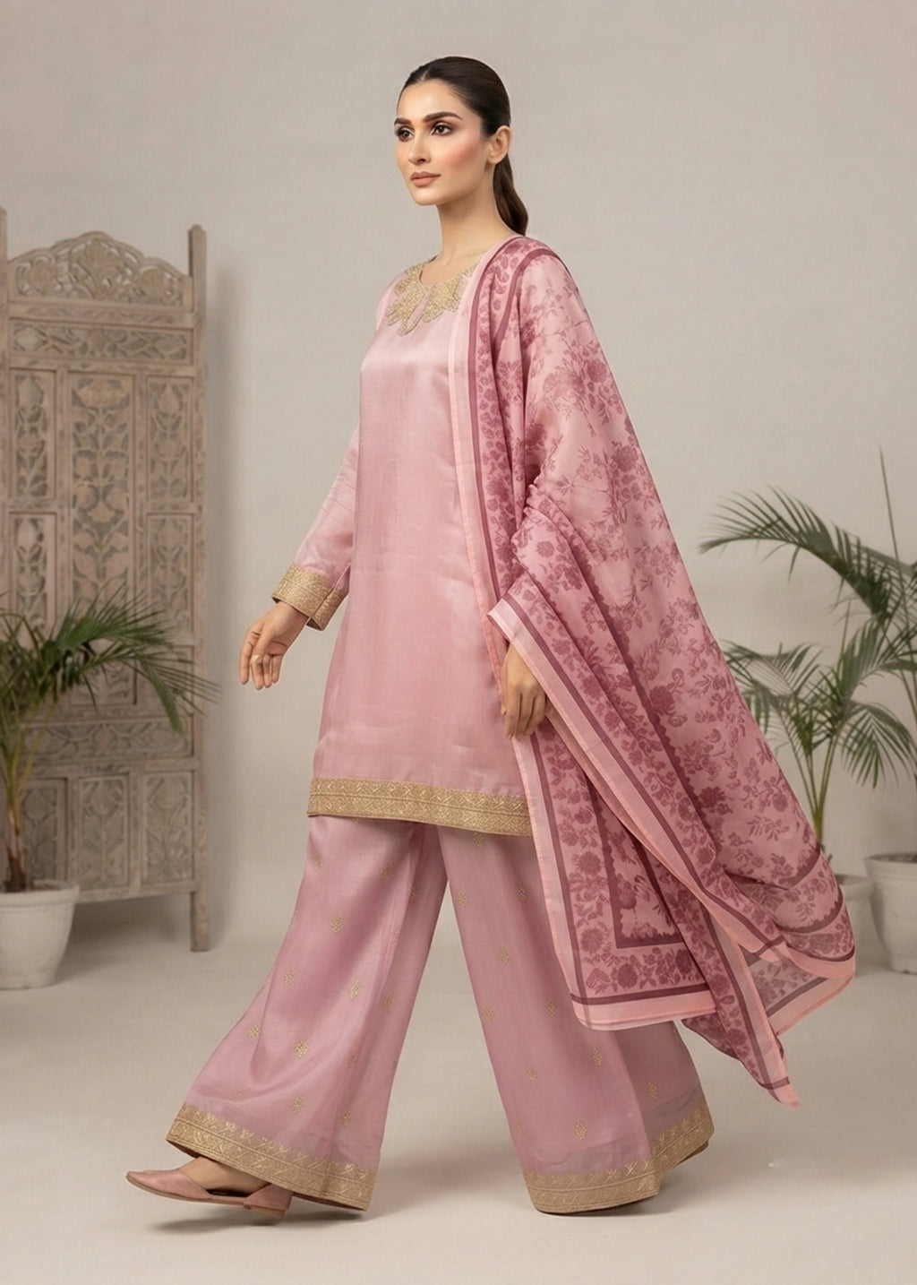 Blush Royale – Pastel Pink Luxury Embroidered Silk 3PC Dress with Net Printed Dupatta