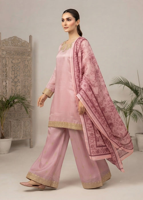 Blush Royale – Pastel Pink Luxury Embroidered Silk 3PC Dress with Net Printed Dupatta