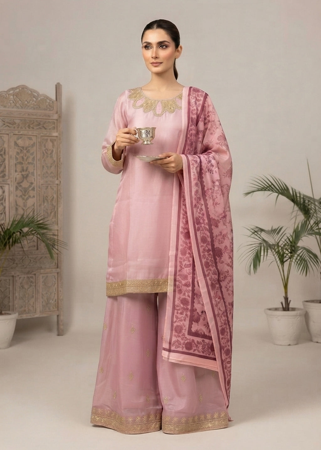 Blush Royale – Pastel Pink Luxury Embroidered Silk 3PC Dress with Net Printed Dupatta