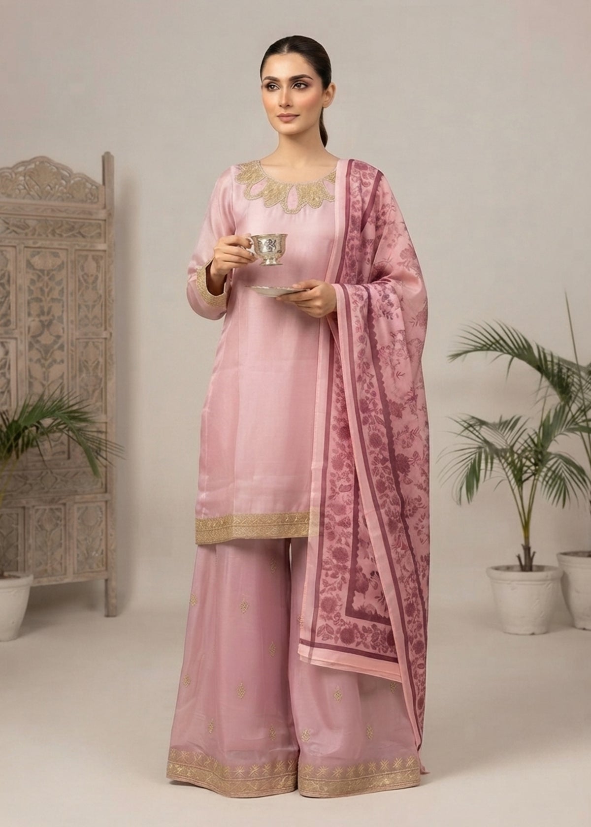Blush Royale – Pastel Pink Luxury Embroidered Silk 3PC Dress with Net Printed Dupatta