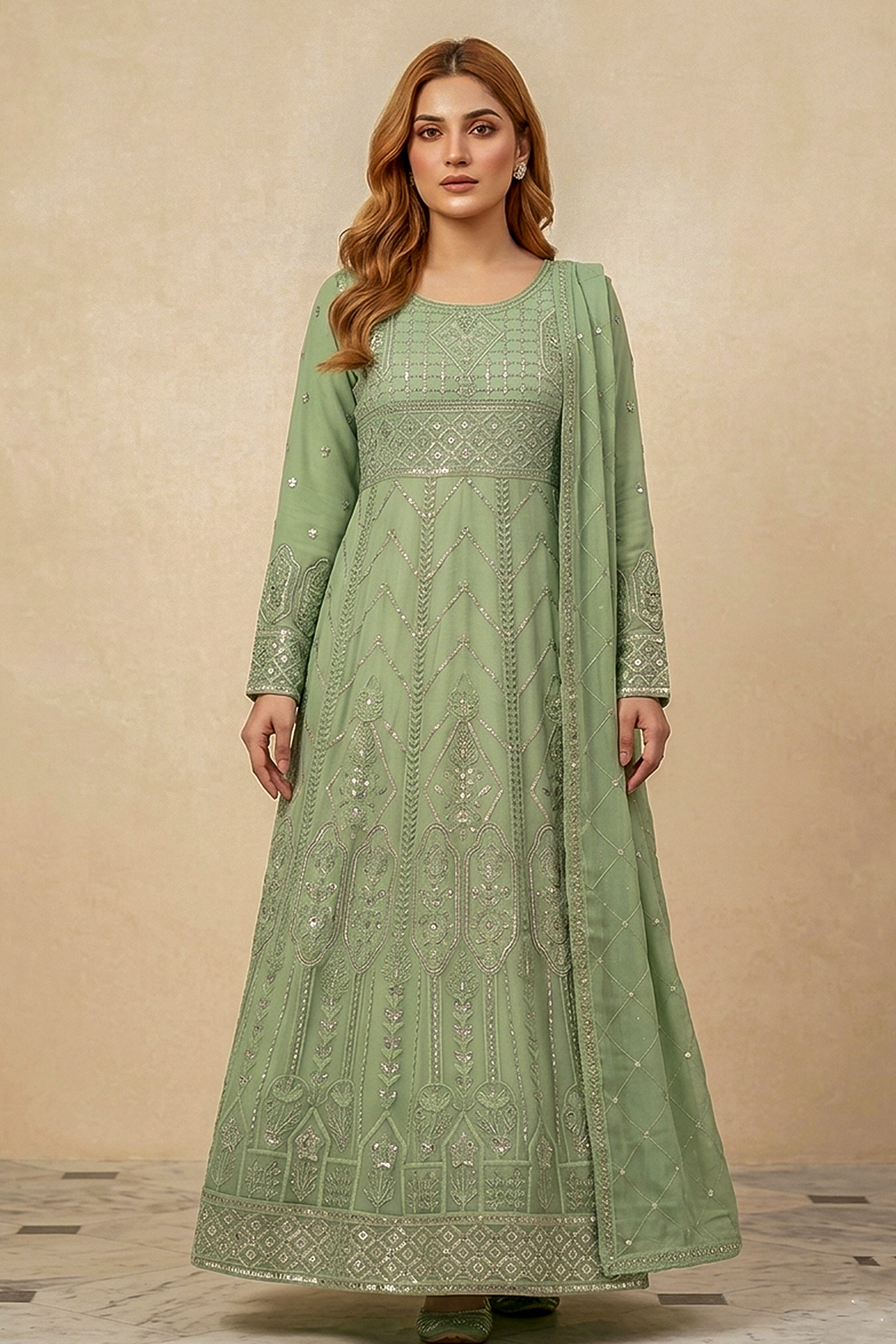 Soft Pistachio Green Embroidered Formal Maxi Dress with Embroidered Dupatta & Trouser