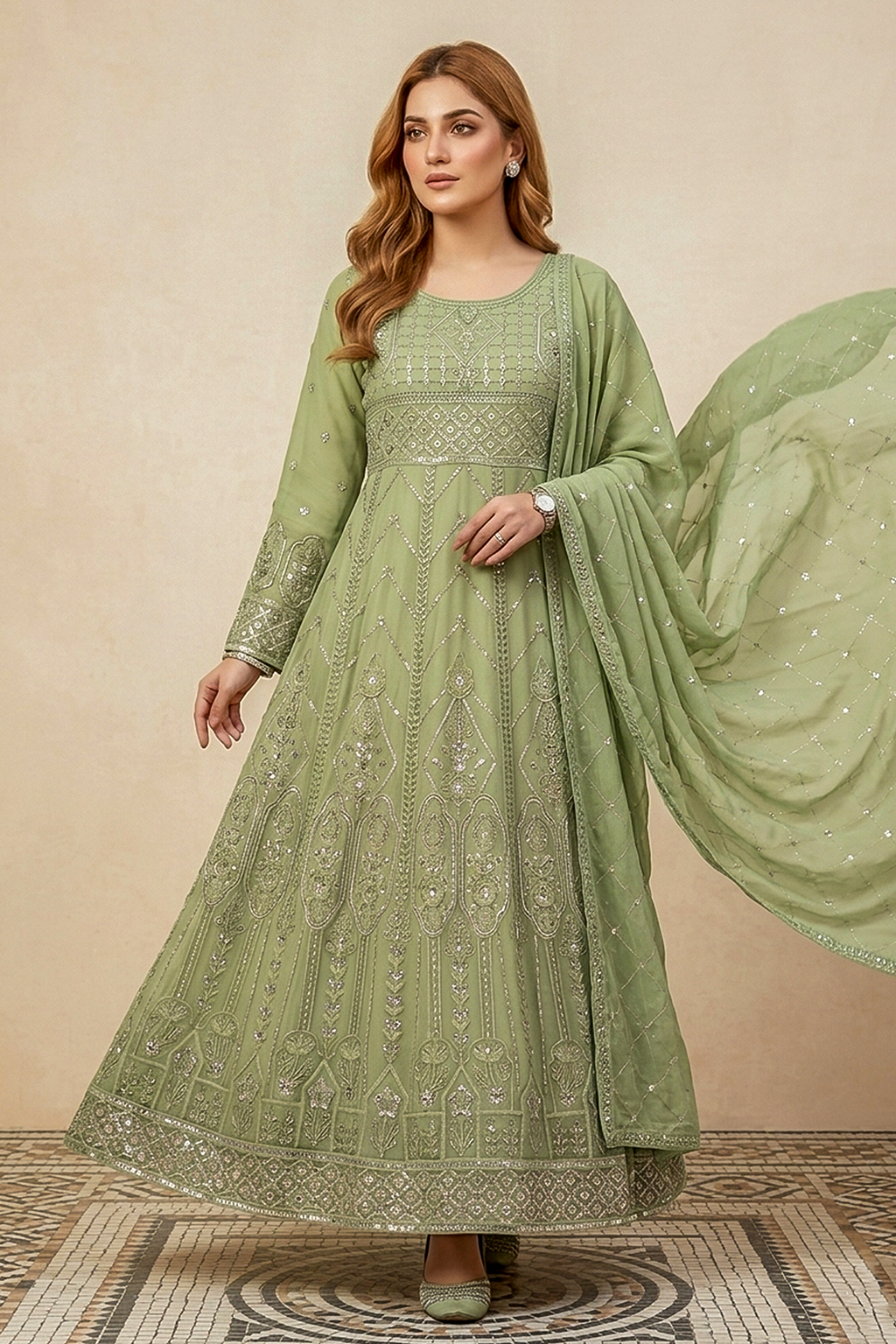 Soft Pistachio Green Embroidered Formal Maxi Dress with Embroidered Dupatta & Trouser
