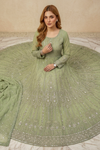 Soft Pistachio Green Embroidered Formal Maxi Dress with Embroidered Dupatta & Trouser