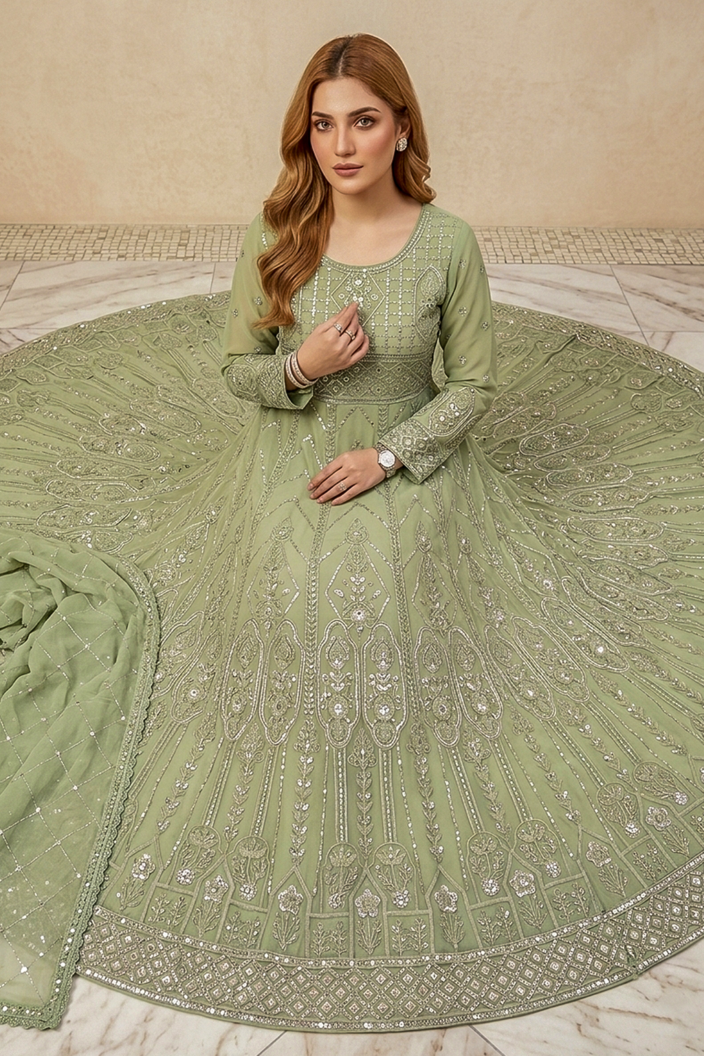 Soft Pistachio Green Embroidered Formal Maxi Dress with Embroidered Dupatta & Trouser
