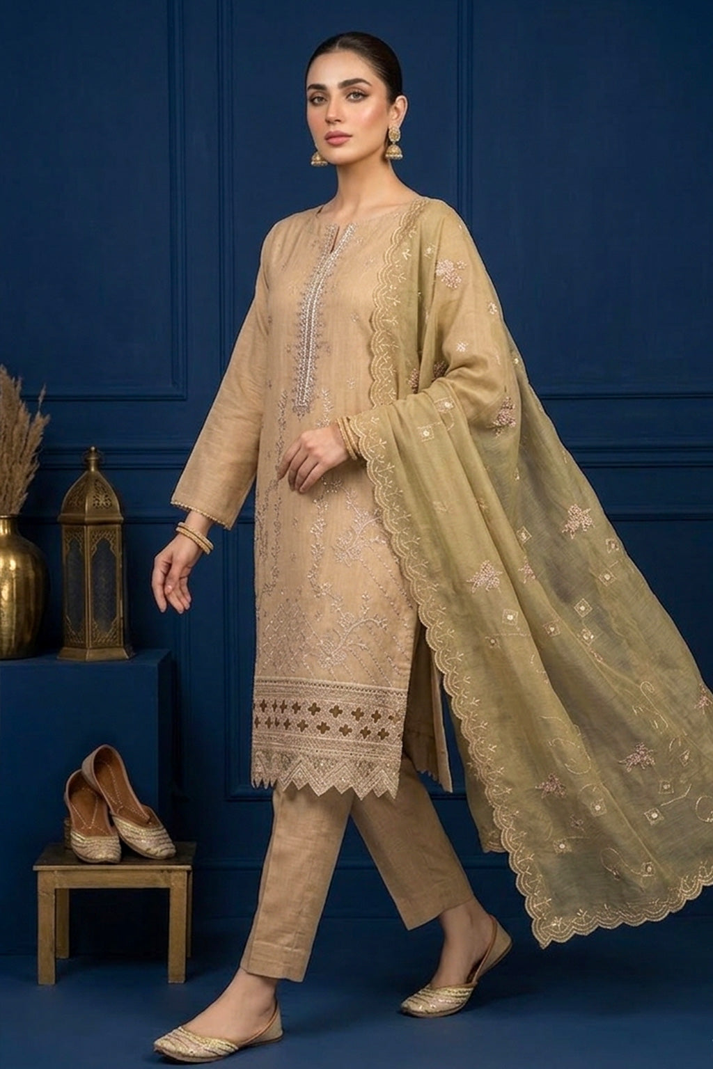 Beige – Premium Unstitched Embroidered Lawn 3PC Dress with Chiffon Dupatta