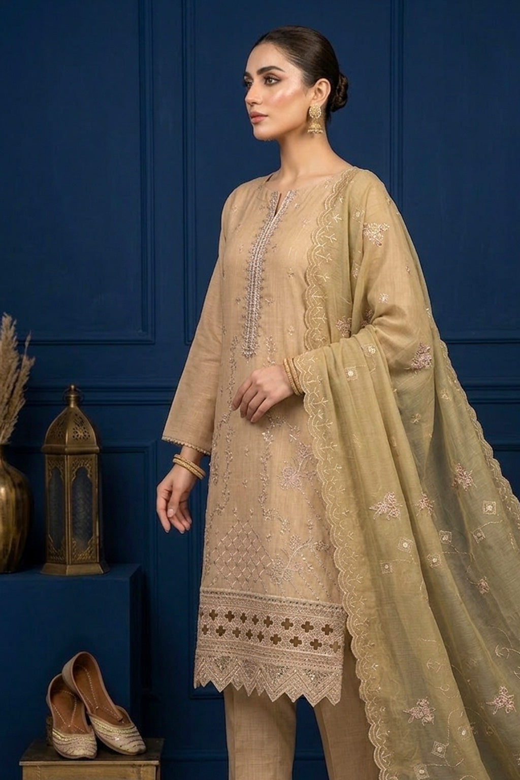 Beige – Premium Unstitched Embroidered Lawn 3PC Dress with Chiffon Dupatta