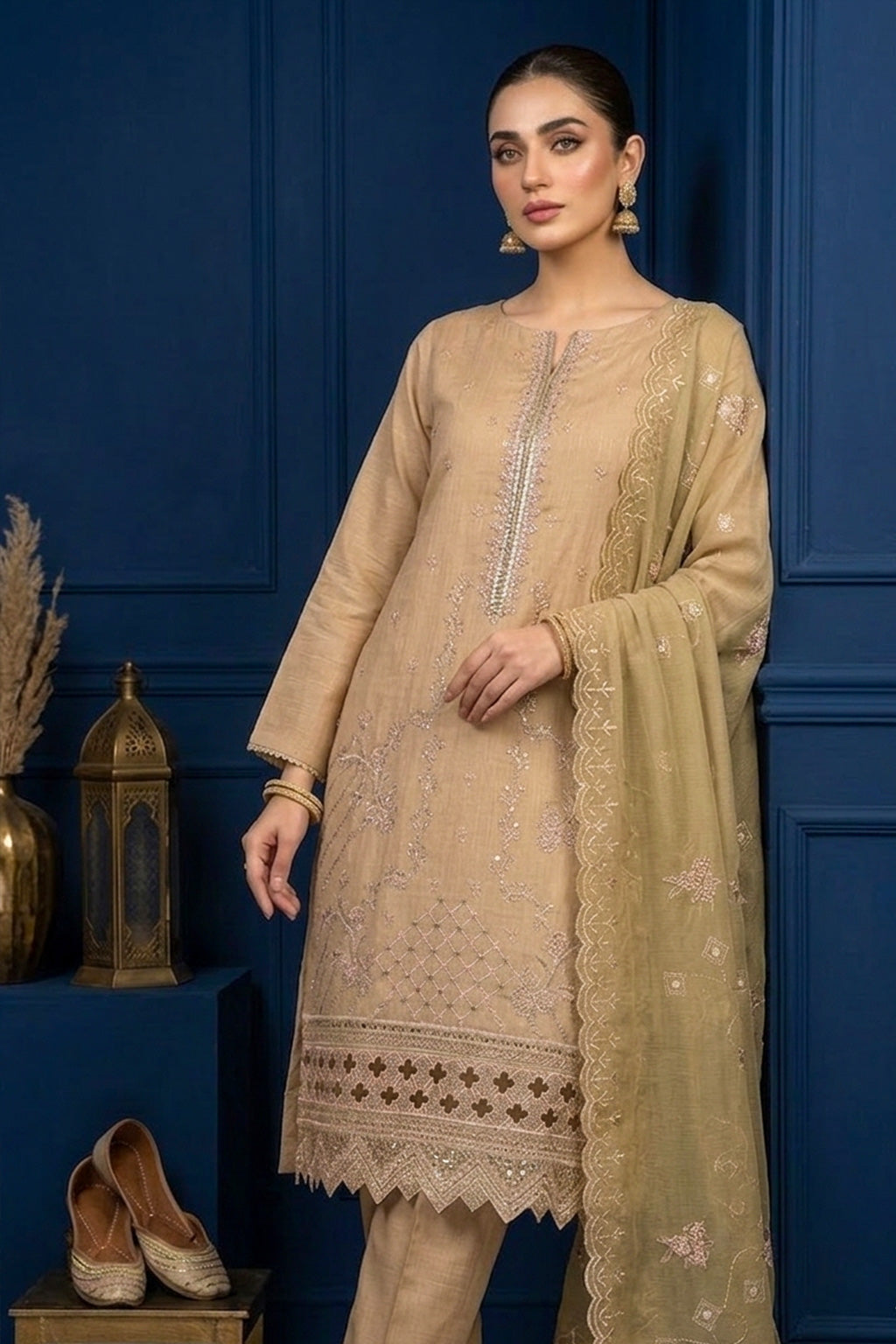 Beige – Premium Unstitched Embroidered Lawn 3PC Dress with Chiffon Dupatta