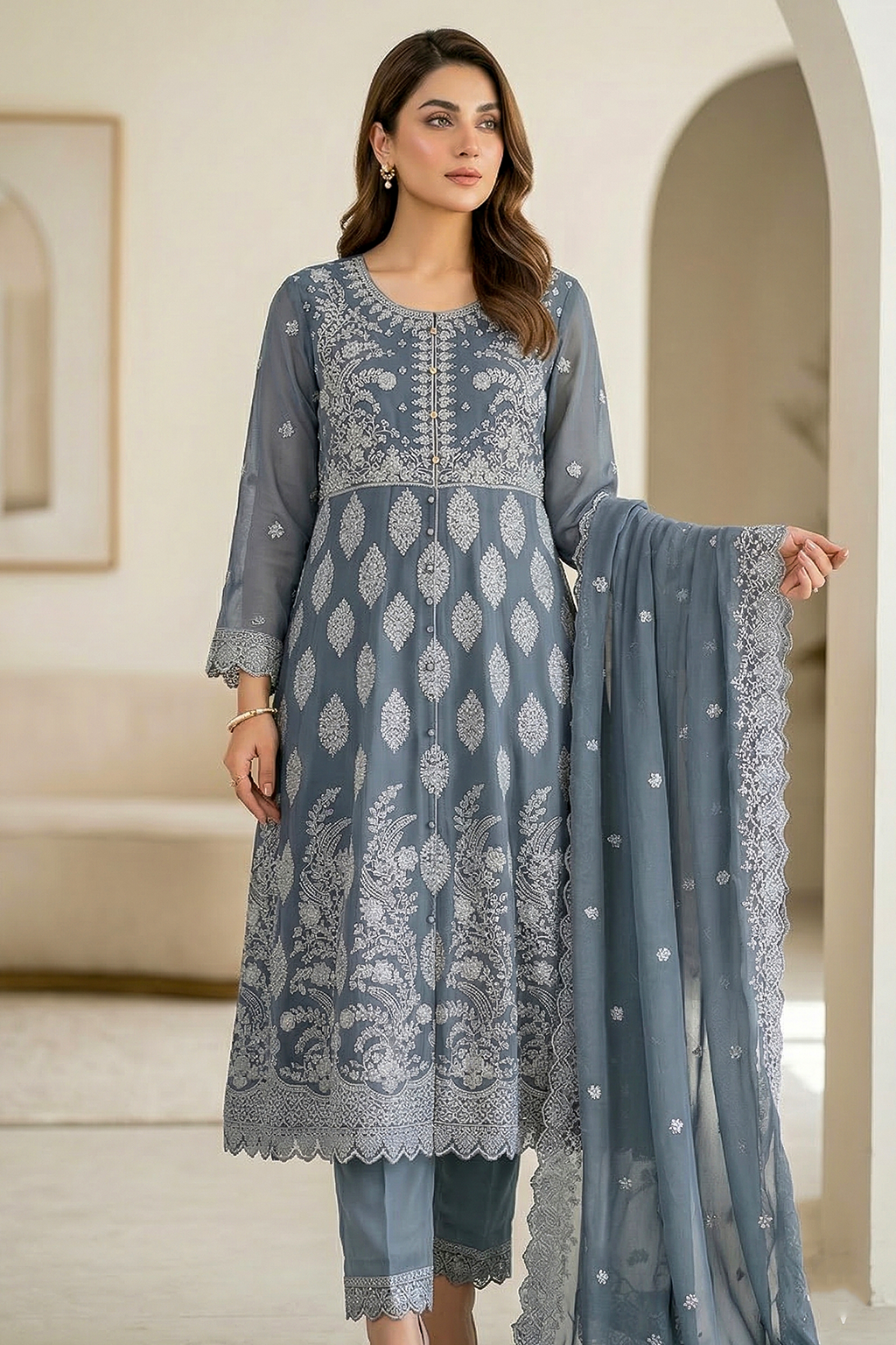 Slate Blue Embroidered Formal Maxi Dress with Embroidered Dupatta & Trouser