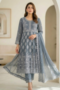 Slate Blue Embroidered Formal Maxi Dress with Embroidered Dupatta & Trouser