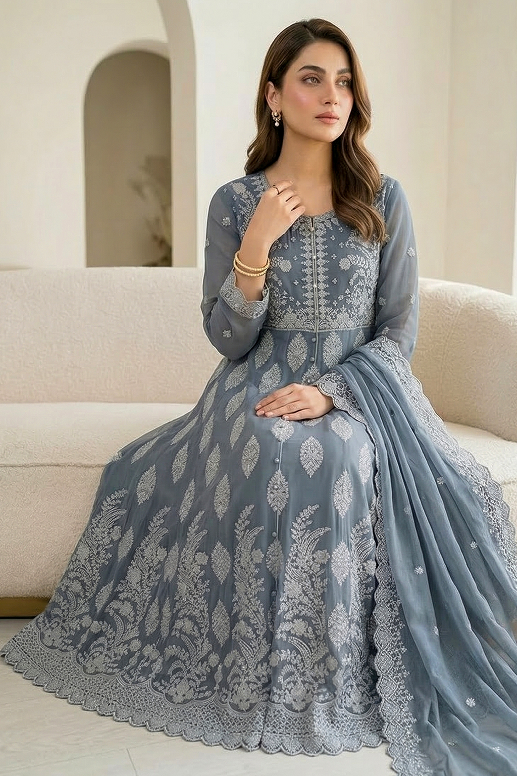 Slate Blue Embroidered Formal Maxi Dress with Embroidered Dupatta & Trouser