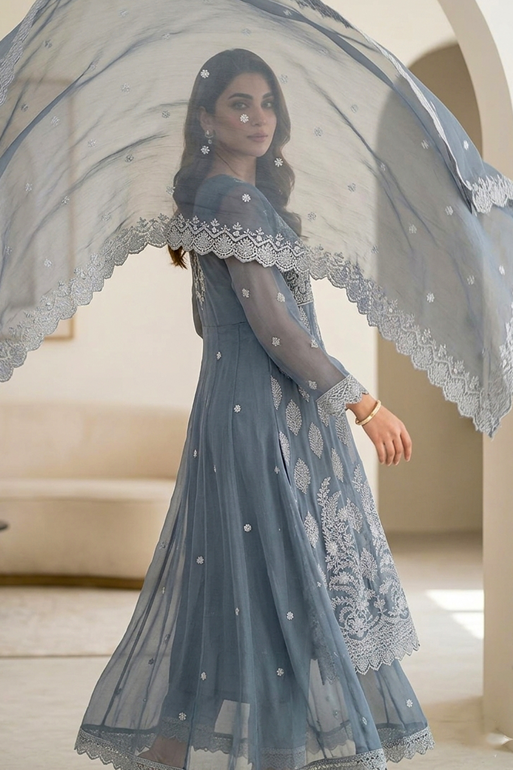 Slate Blue Embroidered Formal Maxi Dress with Embroidered Dupatta & Trouser