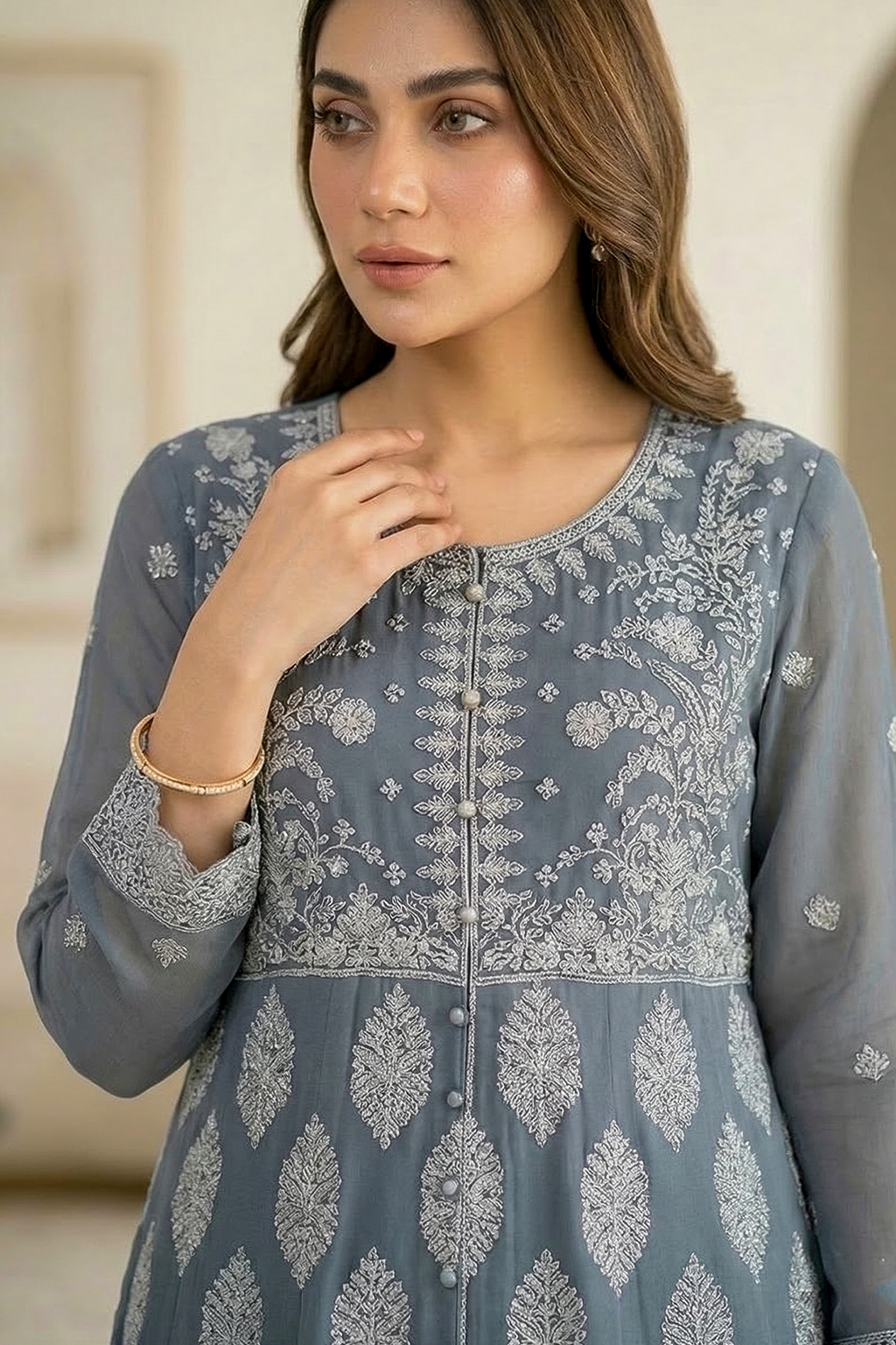 Slate Blue Embroidered Formal Maxi Dress with Embroidered Dupatta & Trouser