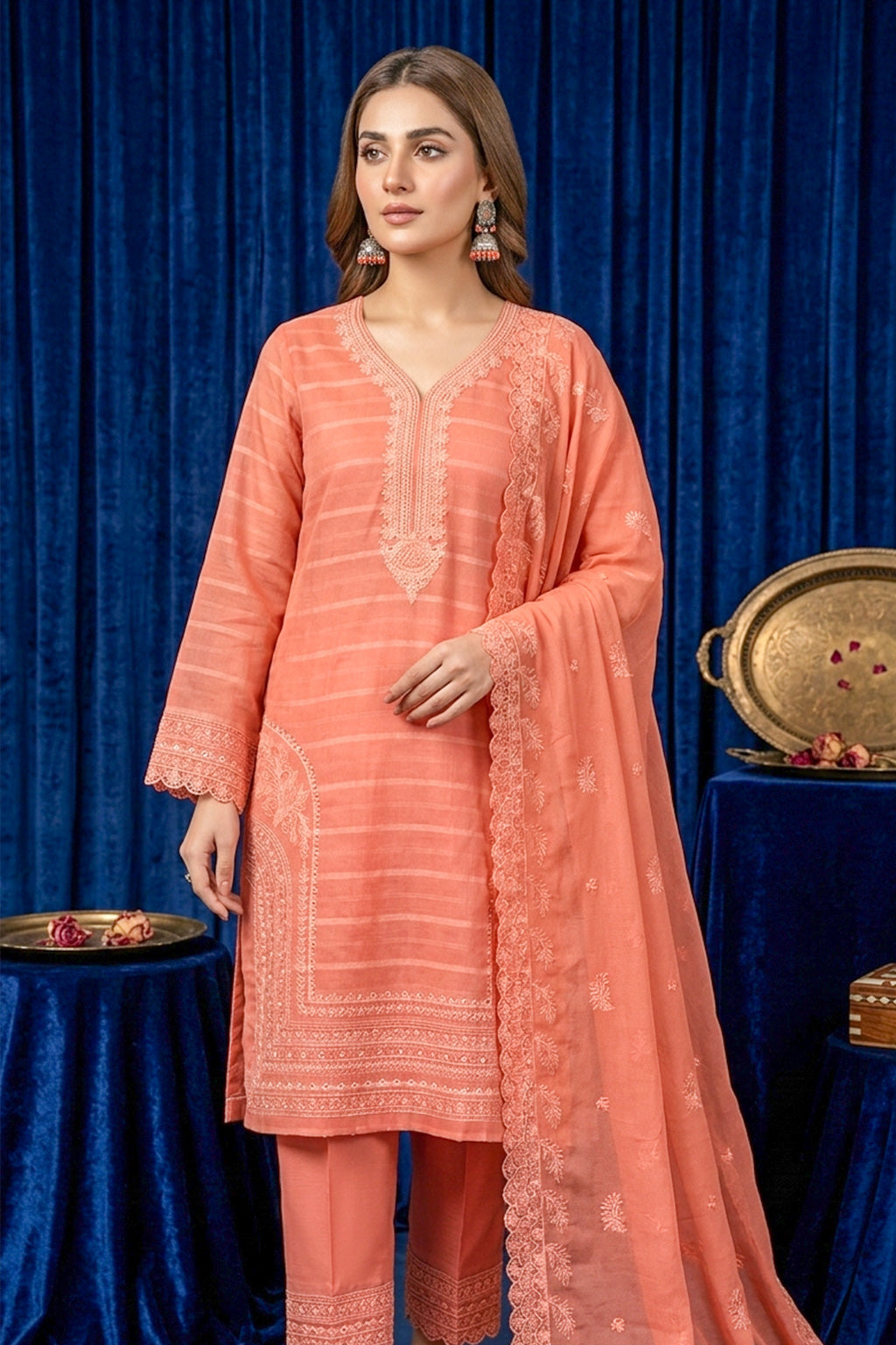 Salmon Peach – Premium Unstitched Embroidered Lawn 3PC Dress with Chiffon Dupatta