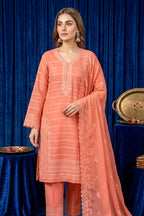 Salmon Peach – Premium Unstitched Embroidered Lawn 3PC Dress with Chiffon Dupatta