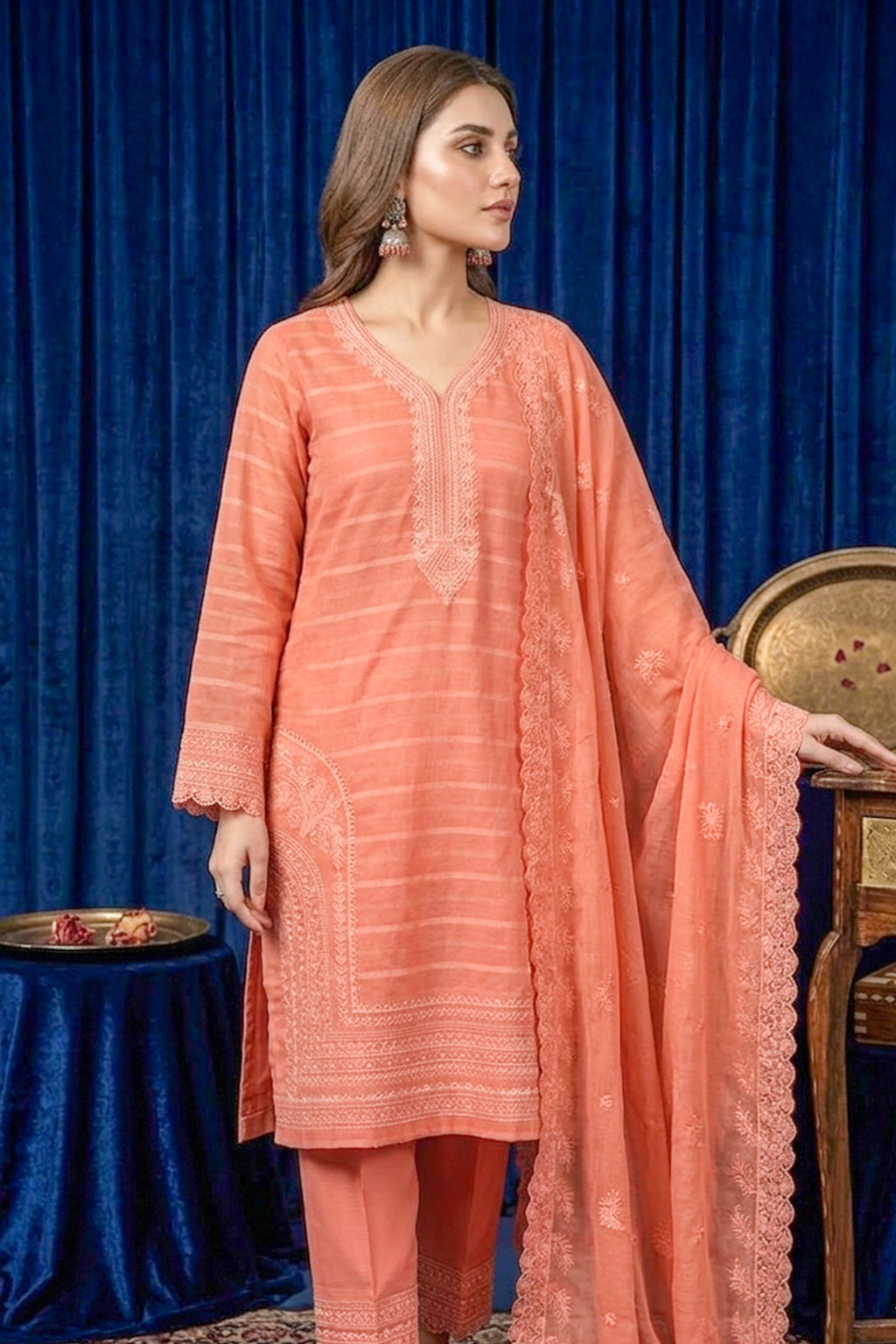 Salmon Peach – Premium Unstitched Embroidered Lawn 3PC Dress with Chiffon Dupatta