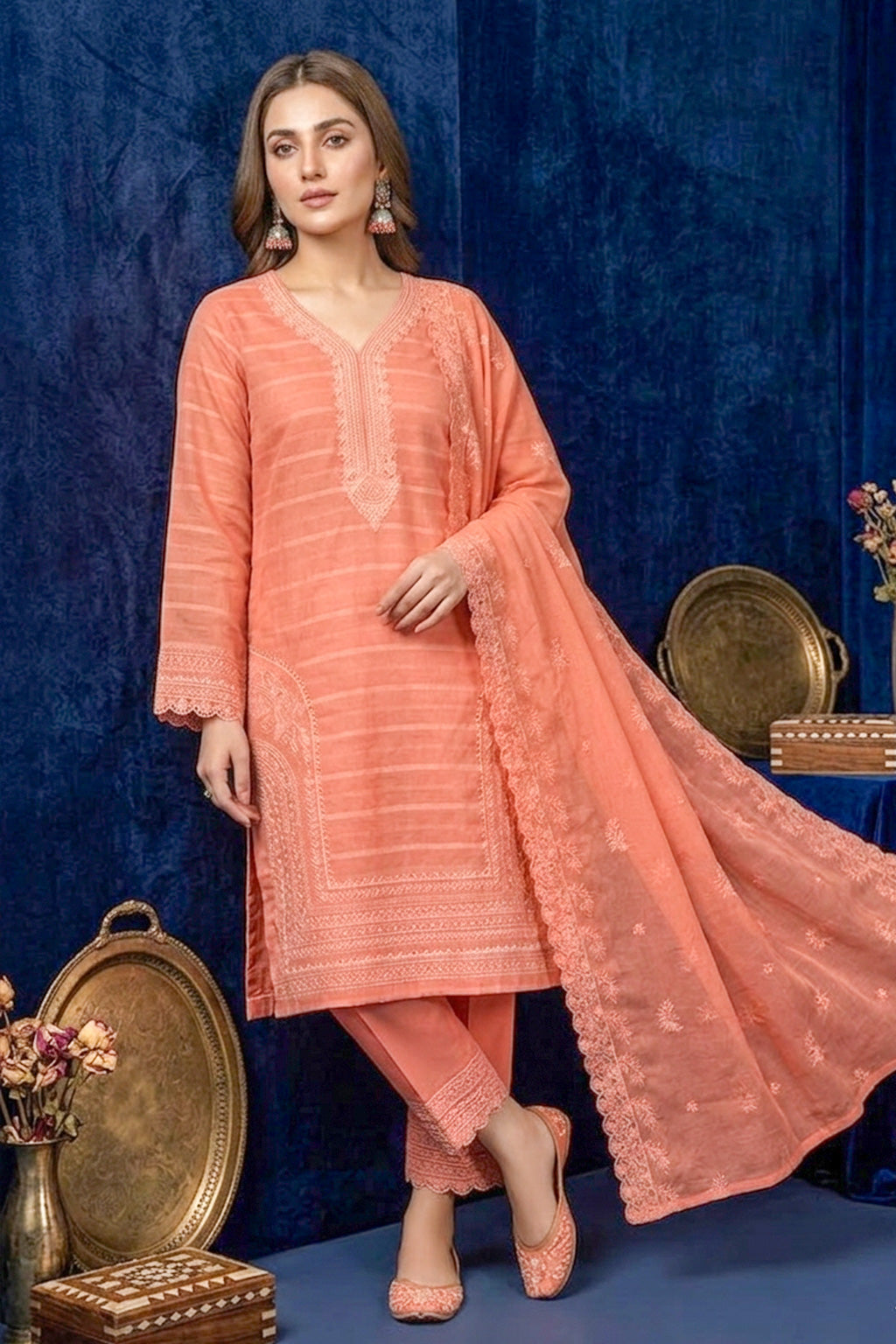 Salmon Peach – Premium Unstitched Embroidered Lawn 3PC Dress with Chiffon Dupatta