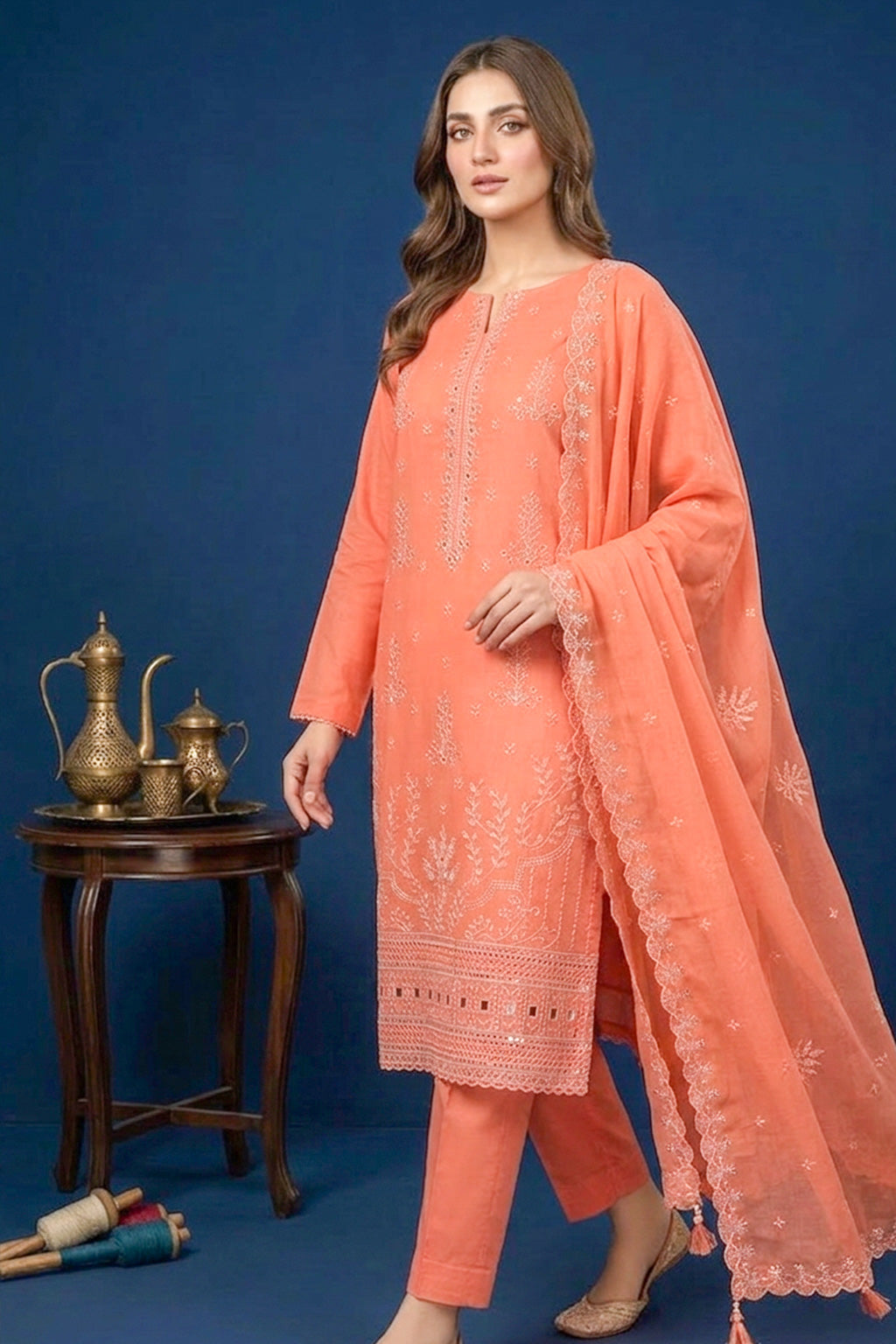 Soft Salmon Orange – Premium Unstitched Embroidered Lawn 3PC Dress with Chiffon Dupatta