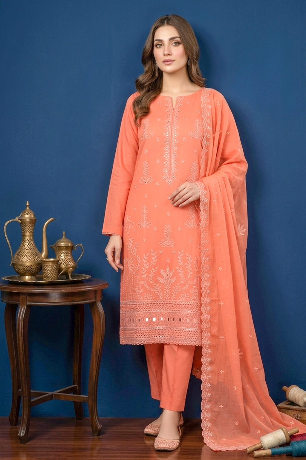 Soft Salmon Orange – Premium Unstitched Embroidered Lawn 3PC Dress with Chiffon Dupatta