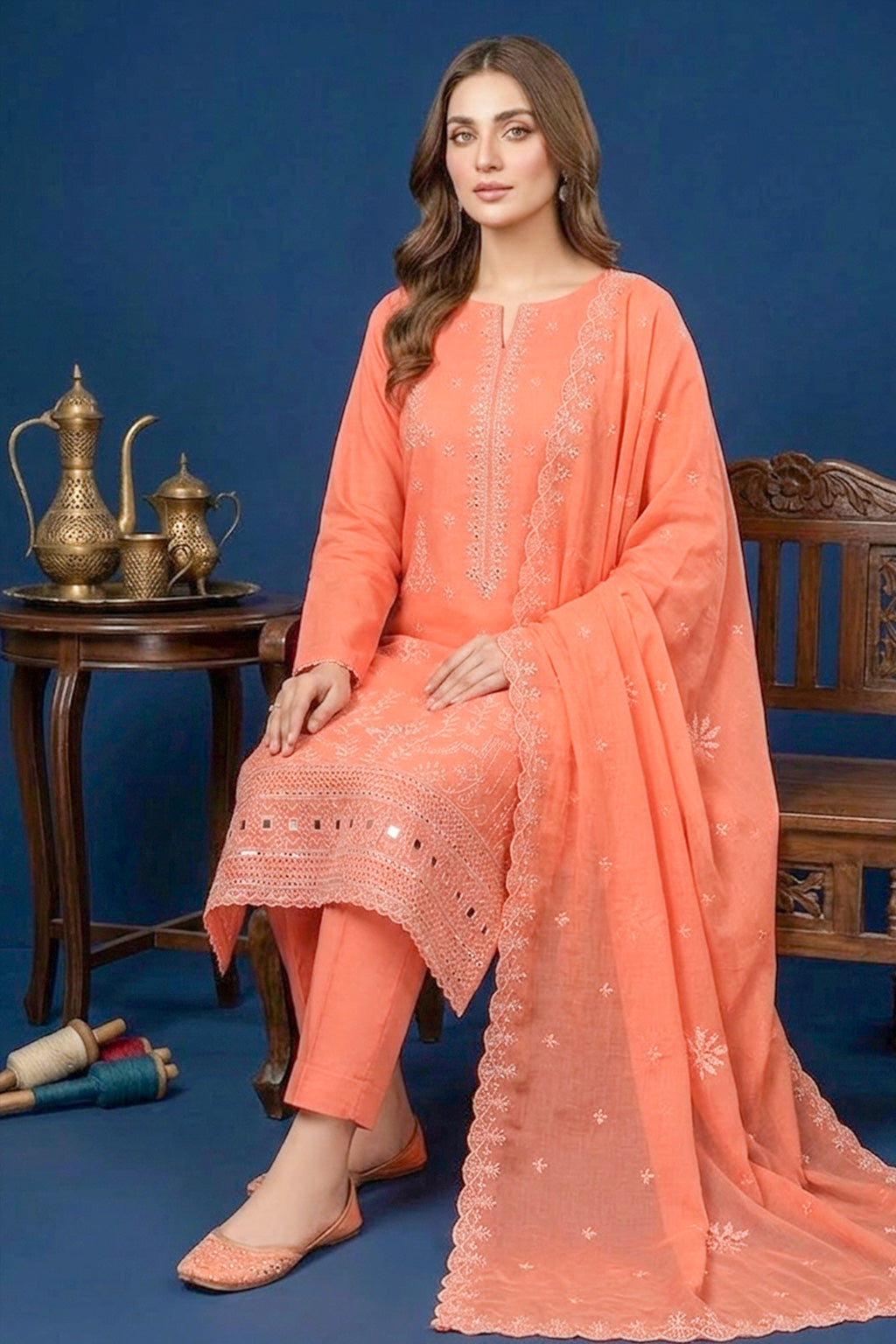 Soft Salmon Orange – Premium Unstitched Embroidered Lawn 3PC Dress with Chiffon Dupatta
