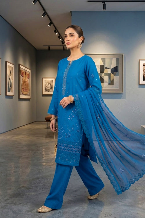 Cerulean Blue – Premium Unstitched Embroidered Lawn 3PC Dress with Lawn Dupatta
