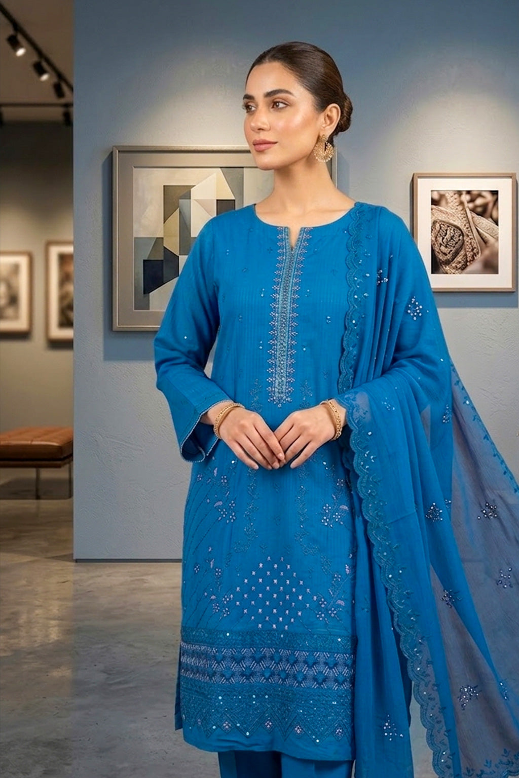 Cerulean Blue – Premium Unstitched Embroidered Lawn 3PC Dress with Lawn Dupatta