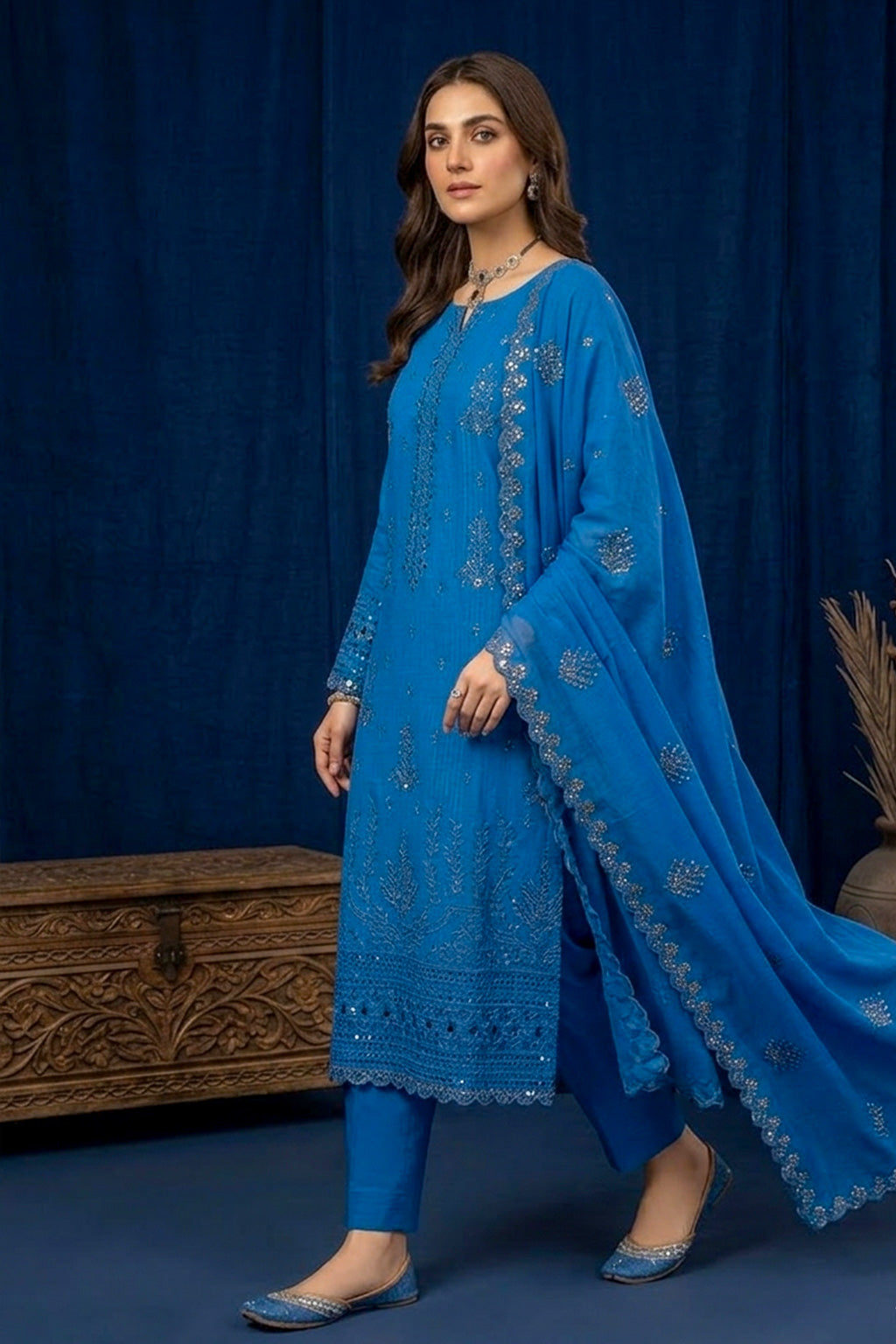 Steel Blue – Premium Unstitched Embroidered Lawn 3PC Dress with Chiffon Dupatta