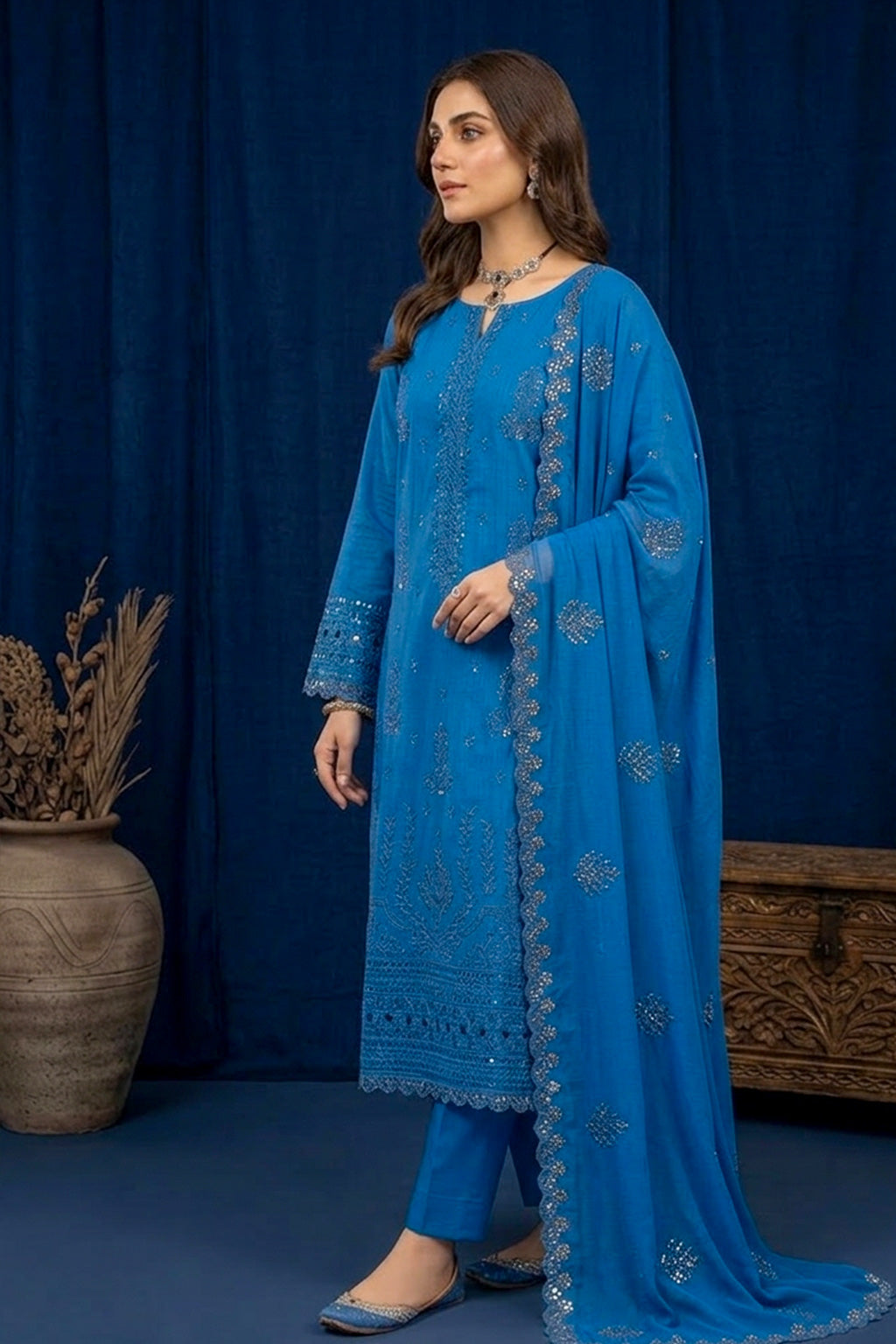 Steel Blue – Premium Unstitched Embroidered Lawn 3PC Dress with Chiffon Dupatta