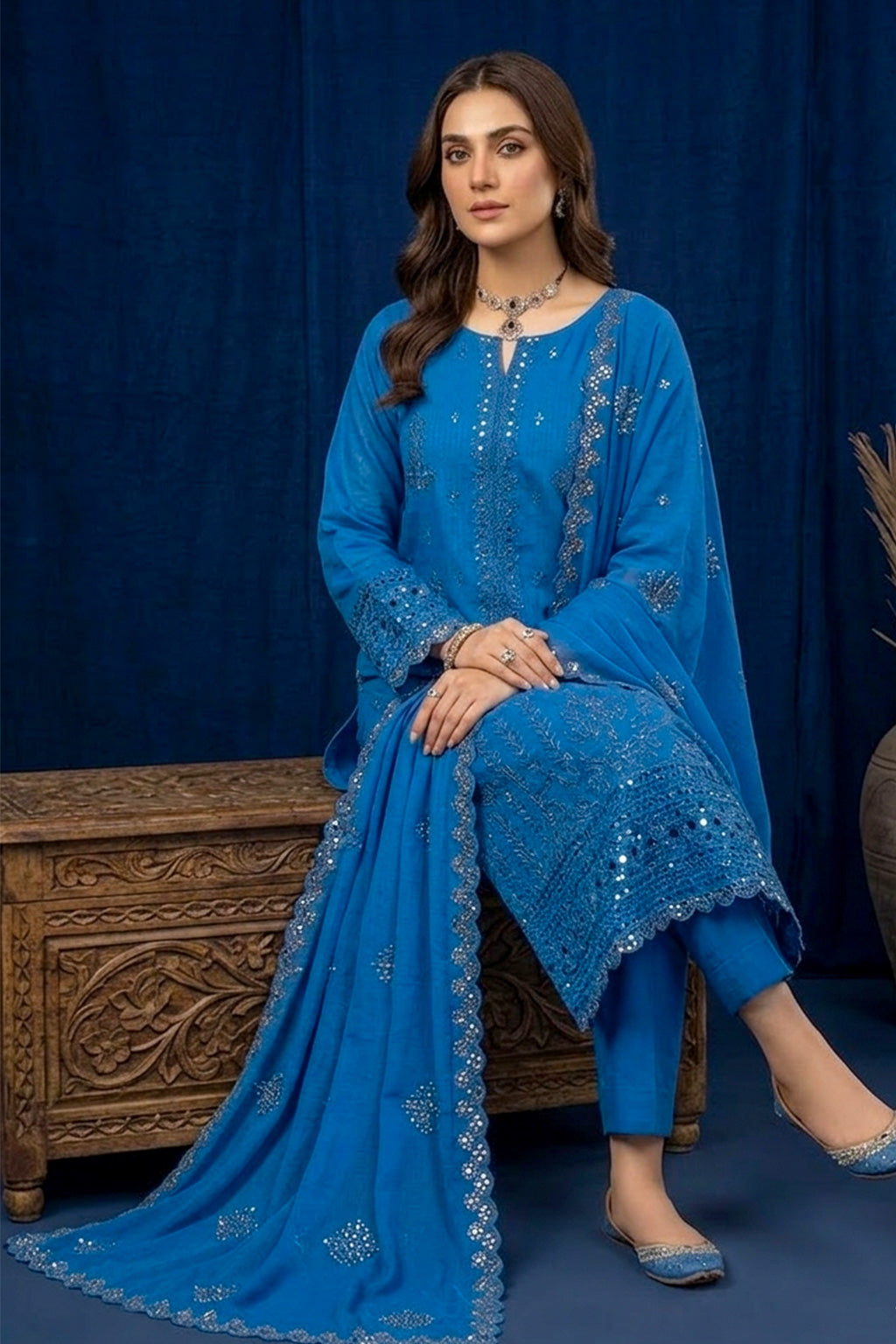 Steel Blue – Premium Unstitched Embroidered Lawn 3PC Dress with Chiffon Dupatta