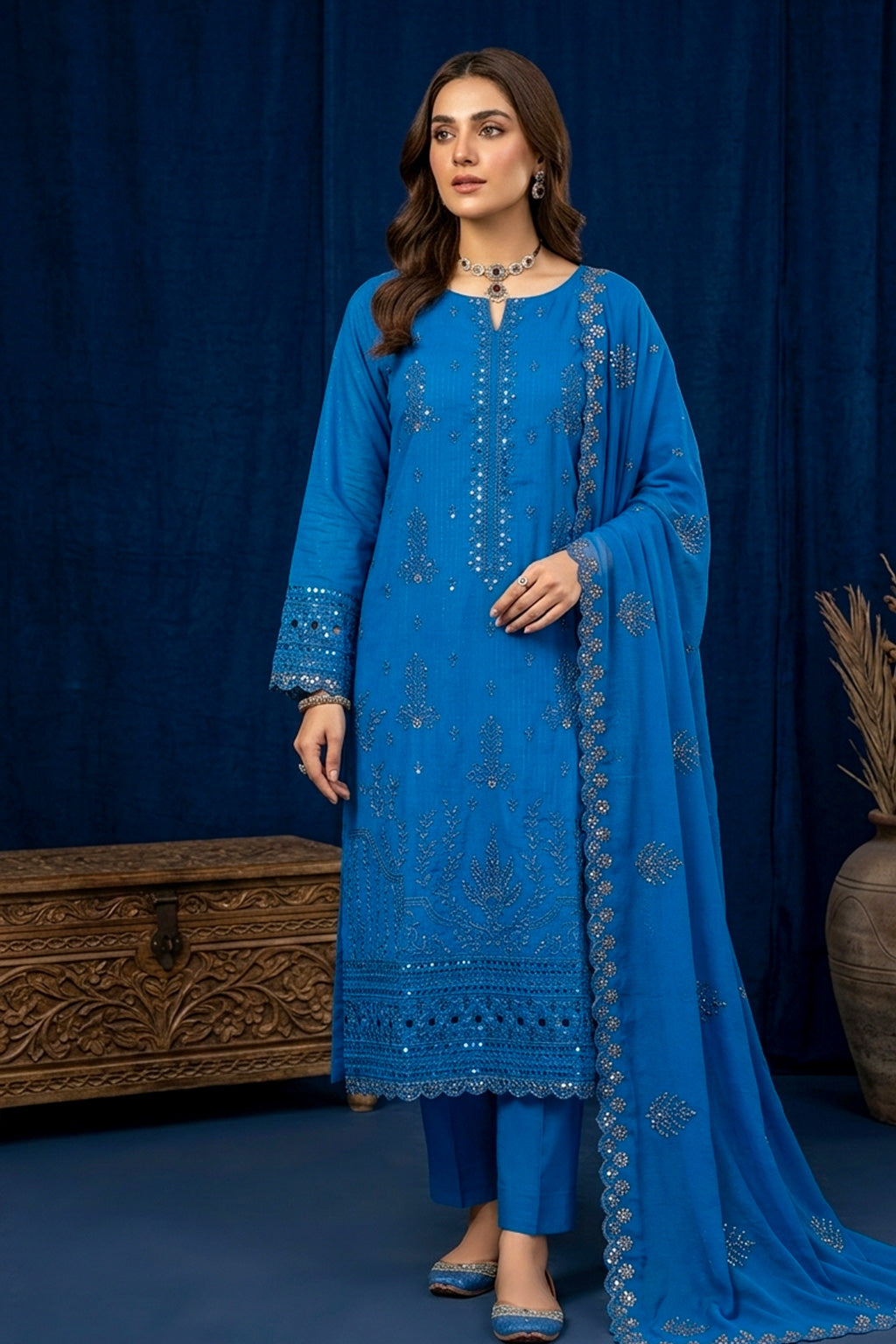 Steel Blue – Premium Unstitched Embroidered Lawn 3PC Dress with Chiffon Dupatta