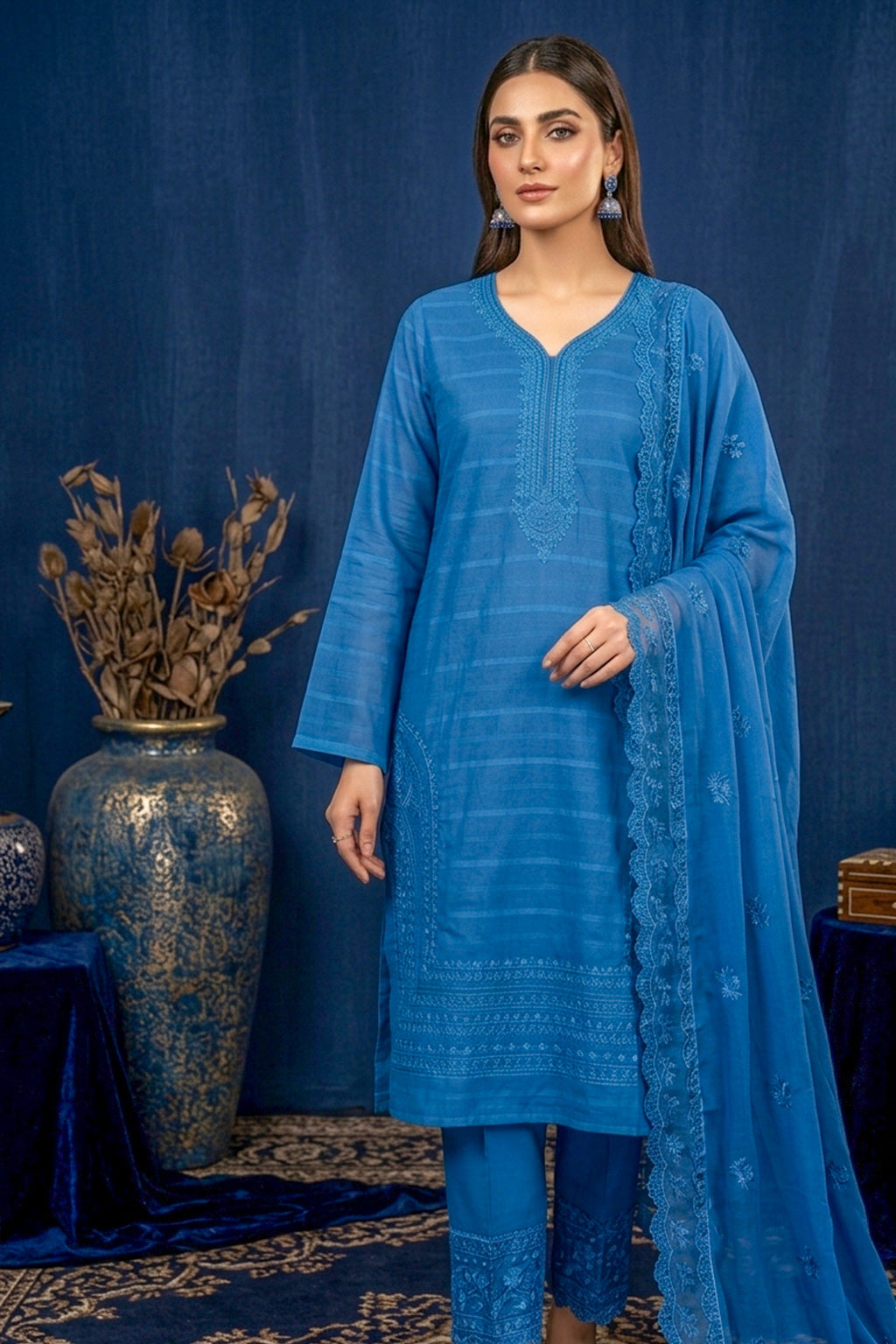 Sky Blue – Premium Unstitched Embroidered Lawn 3PC Dress with Chiffon Dupatta