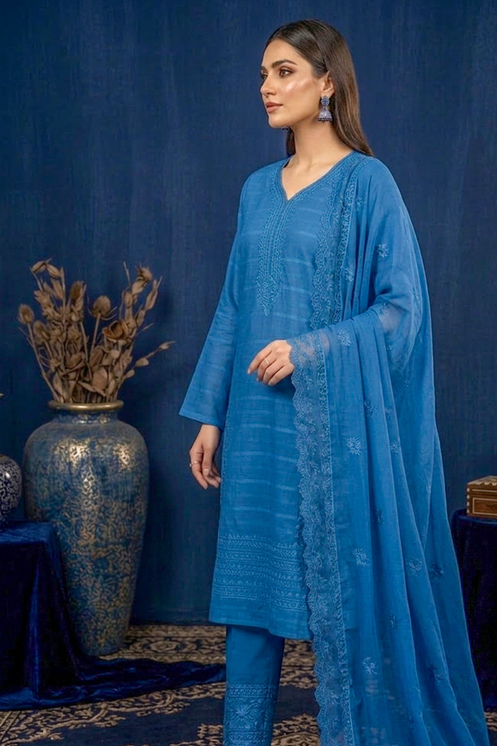 Sky Blue – Premium Unstitched Embroidered Lawn 3PC Dress with Chiffon Dupatta