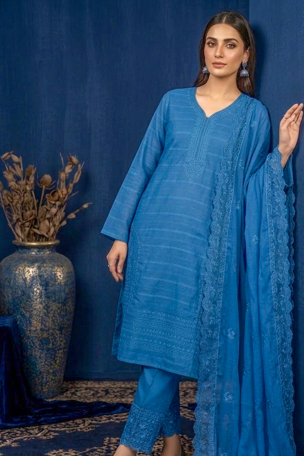 Sky Blue – Premium Unstitched Embroidered Lawn 3PC Dress with Chiffon Dupatta