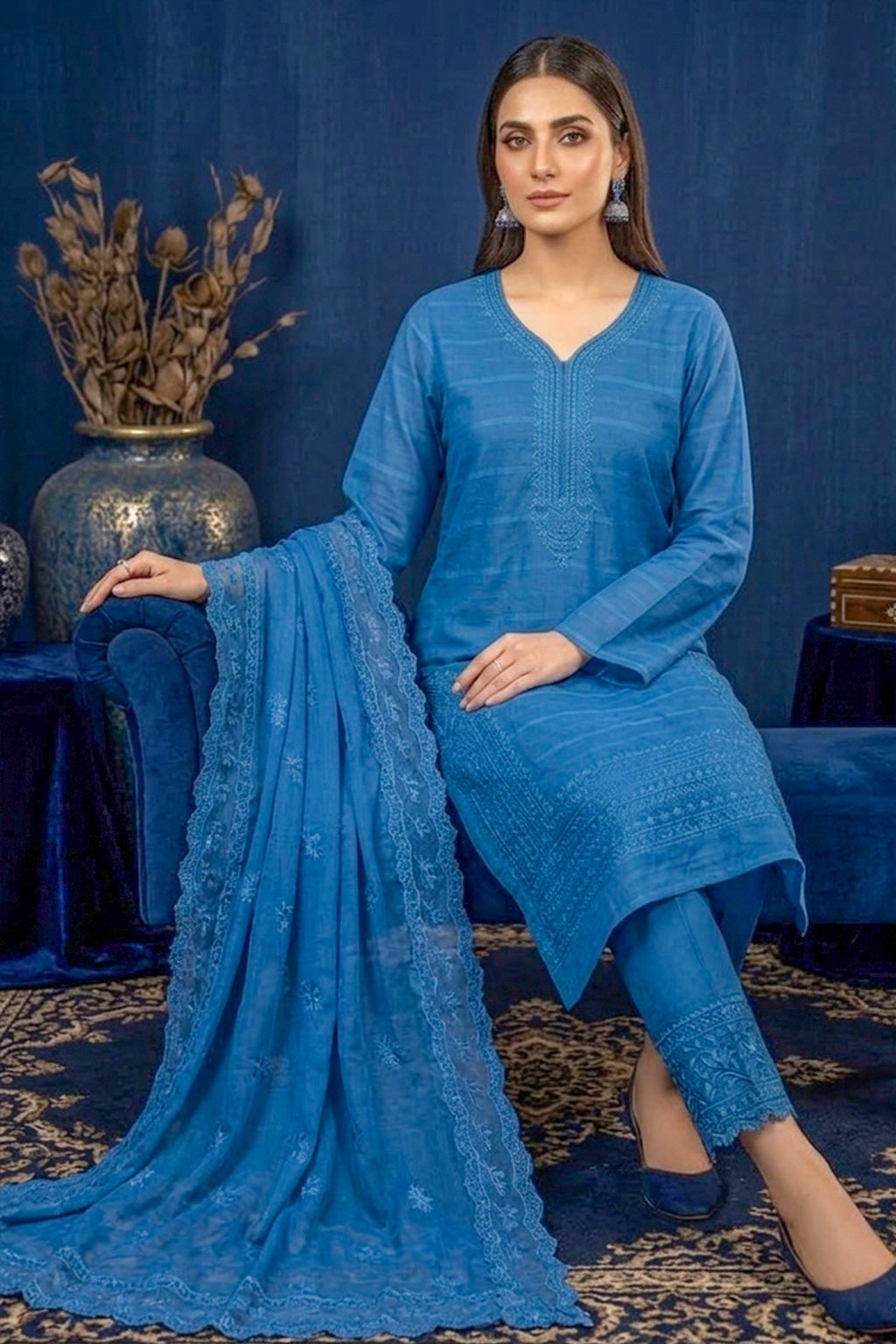 Sky Blue – Premium Unstitched Embroidered Lawn 3PC Dress with Chiffon Dupatta