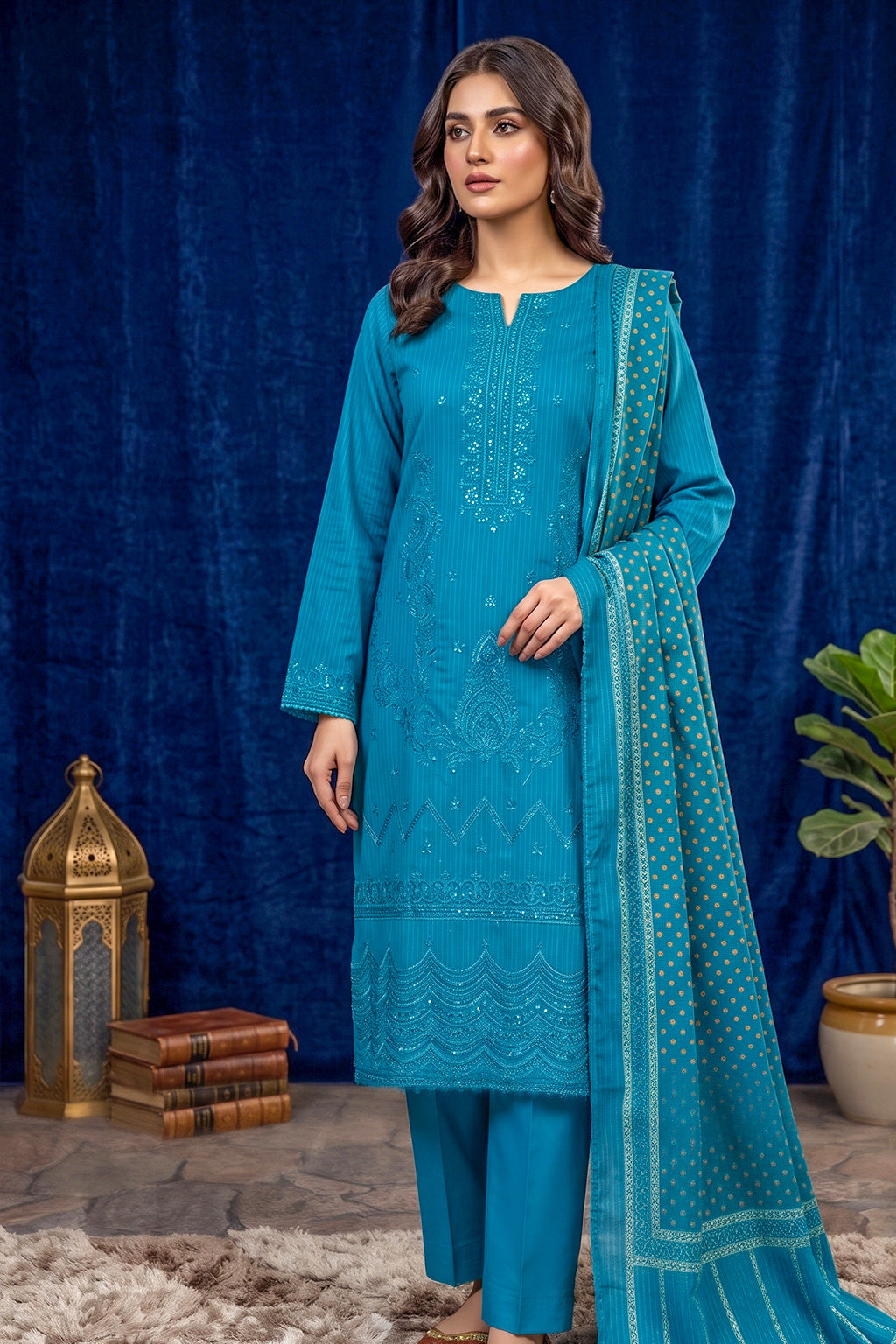 Turquoise Teal – Premium Unstitched Embroidered Lawn 3PC Dress with Printed Dupatta