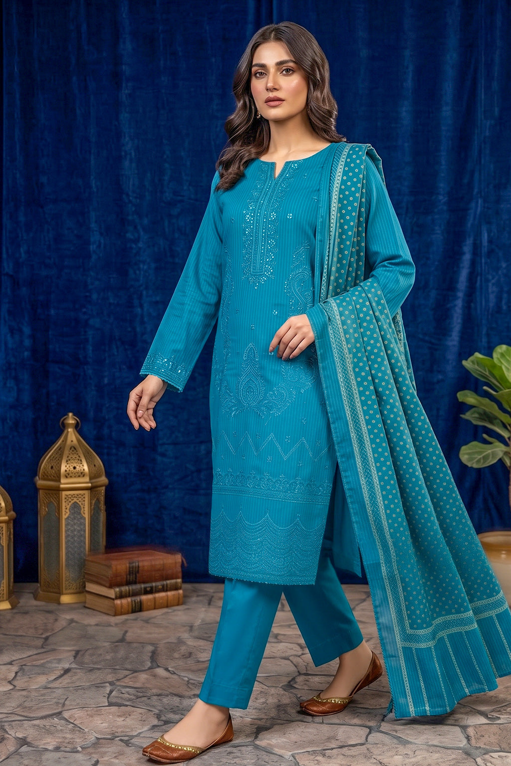 Turquoise Teal – Premium Unstitched Embroidered Lawn 3PC Dress with Printed Dupatta