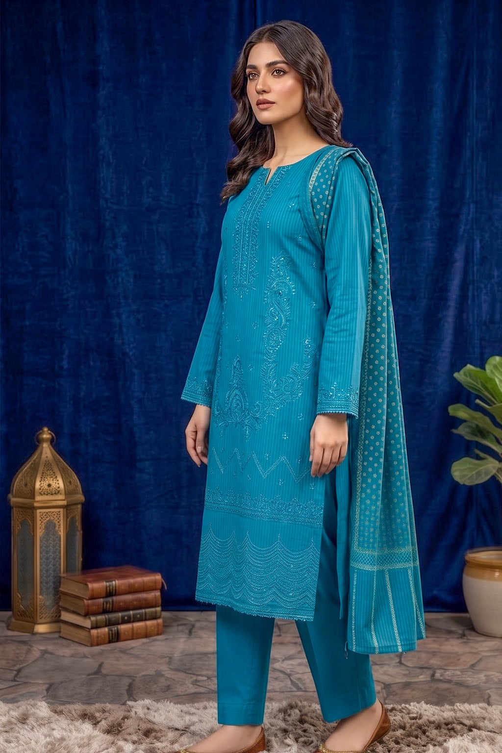 Turquoise Teal – Premium Unstitched Embroidered Lawn 3PC Dress with Printed Dupatta