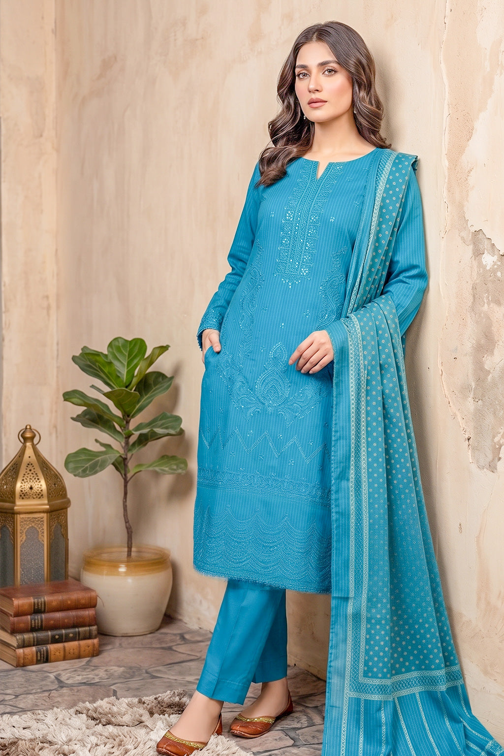 Turquoise Teal – Premium Unstitched Embroidered Lawn 3PC Dress with Printed Dupatta
