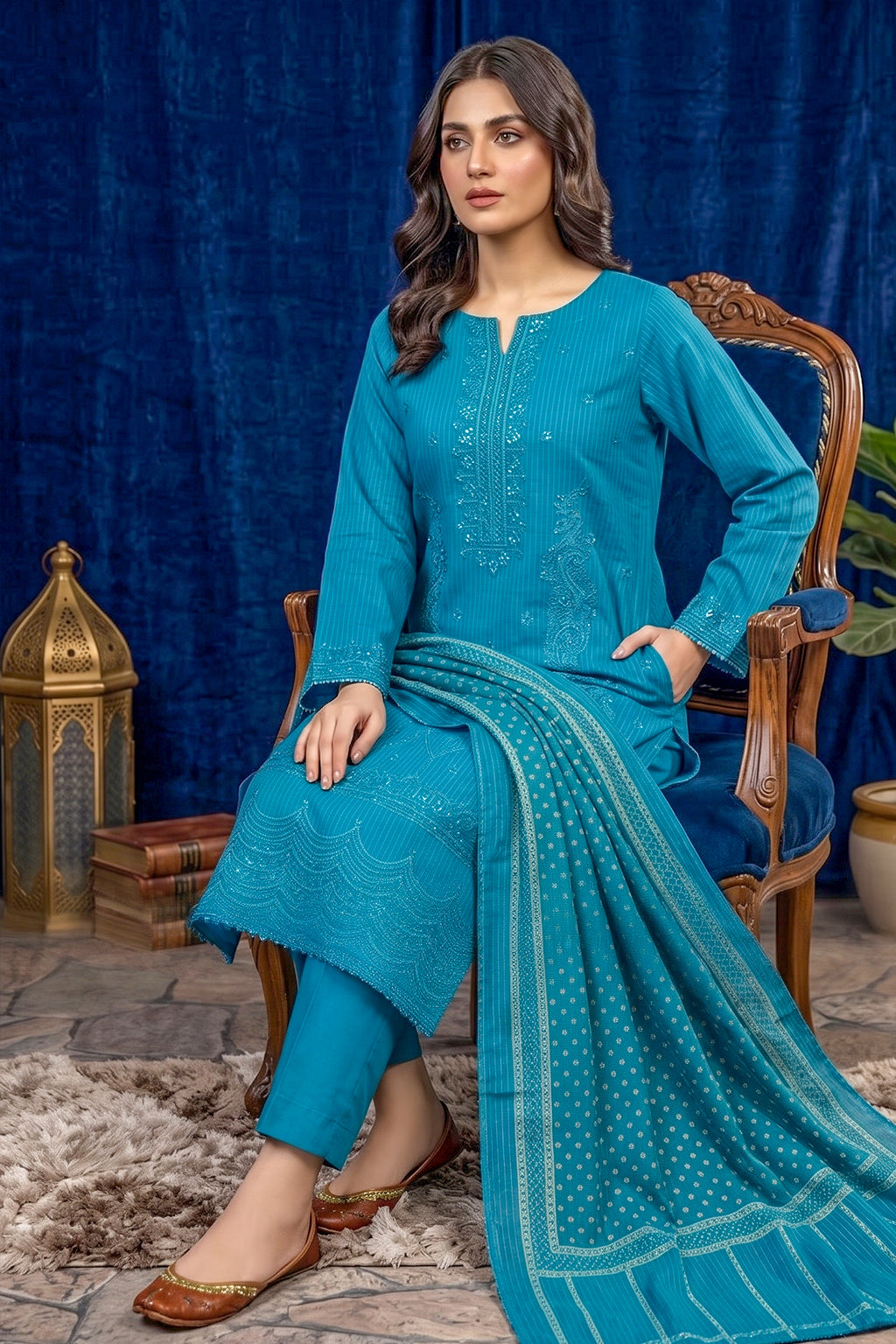 Turquoise Teal – Premium Unstitched Embroidered Lawn 3PC Dress with Printed Dupatta