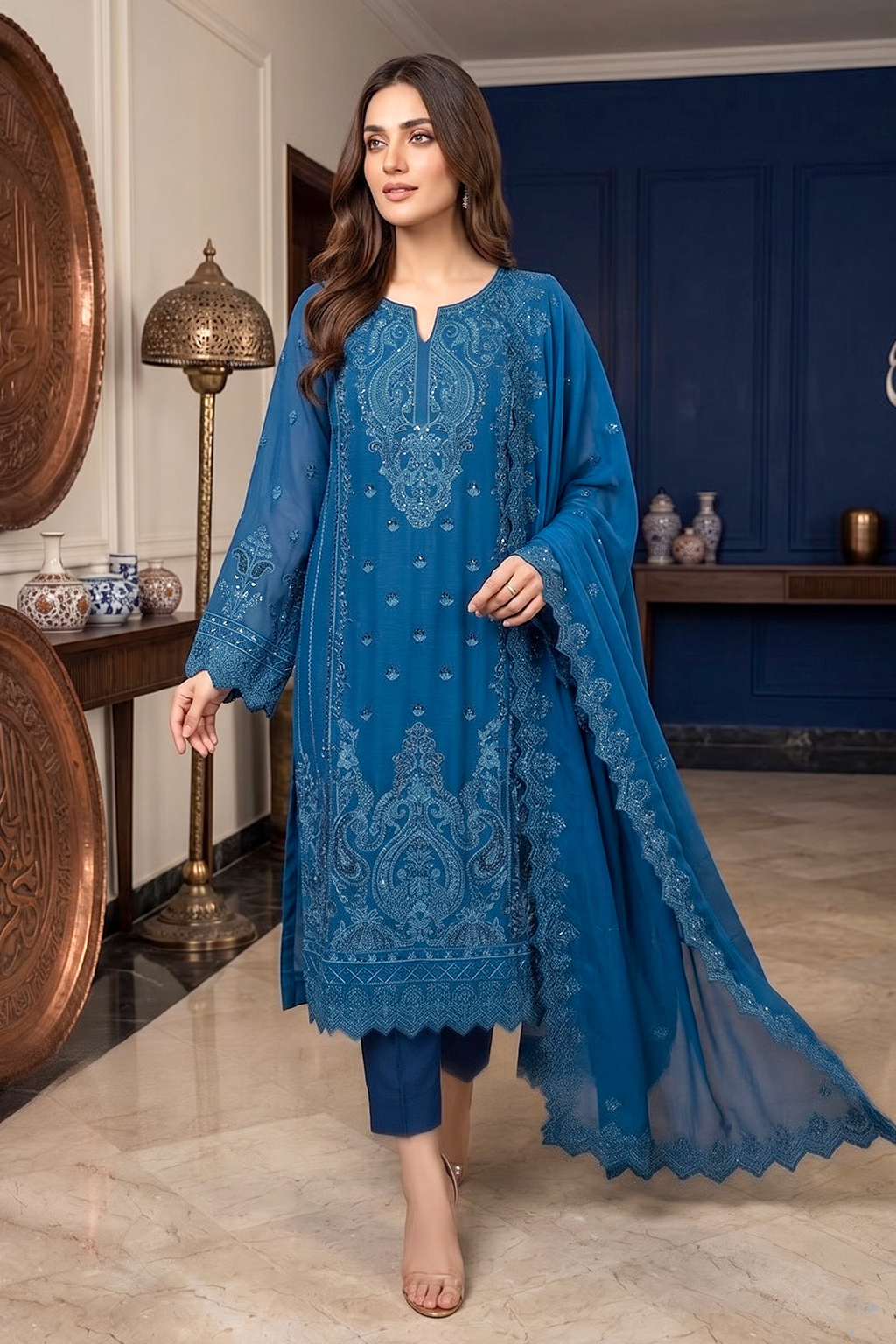 Turquoise Teal Edit Luxury Embroidered Chiffon 3PC Kurta Set