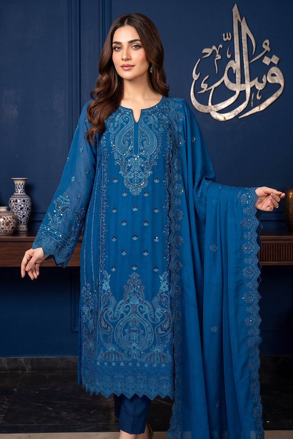 Turquoise Teal Edit Luxury Embroidered Chiffon 3PC Kurta Set